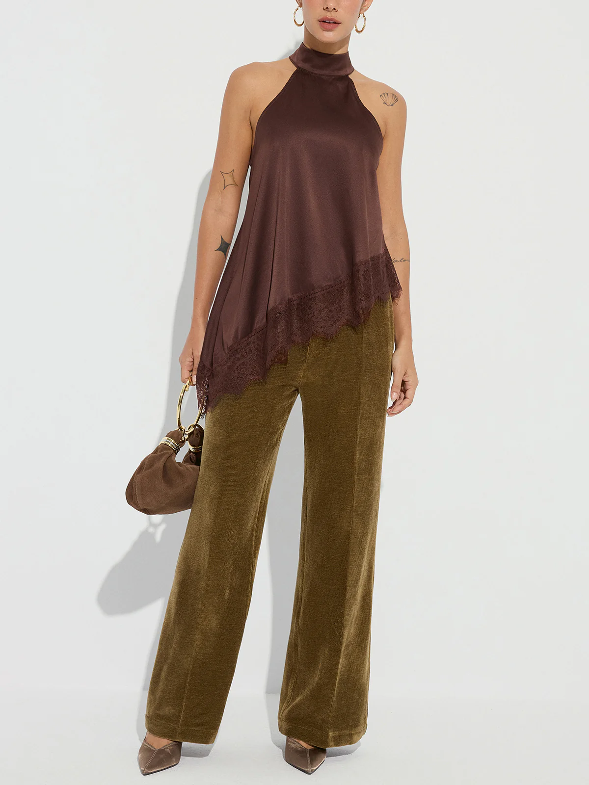 Asymmetric Lace Hem Satin Halter Top