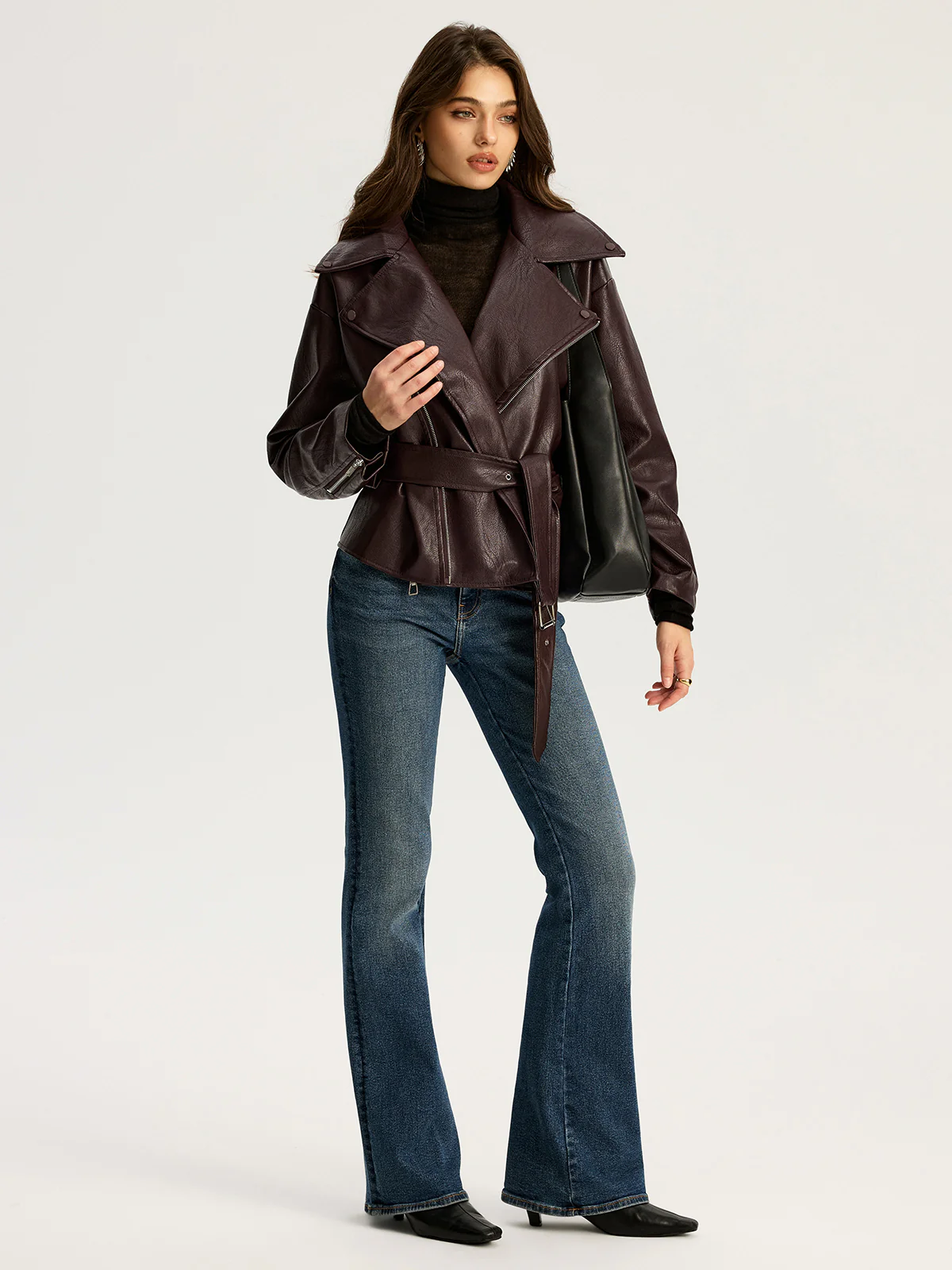 Zip Front Belted Faux Leather Jacket