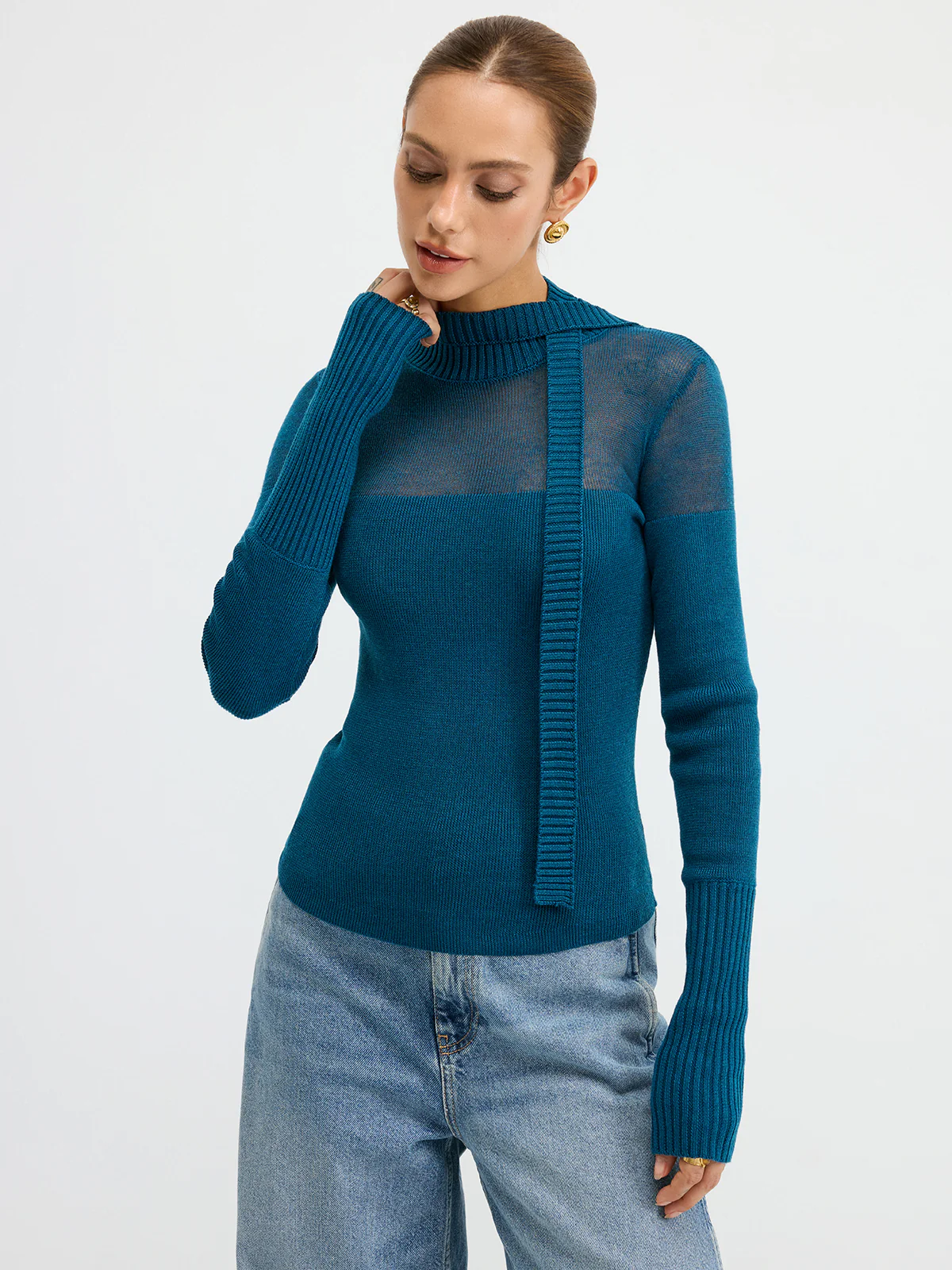 Sheer Panel Tie Neck Wool Blend Knit Top