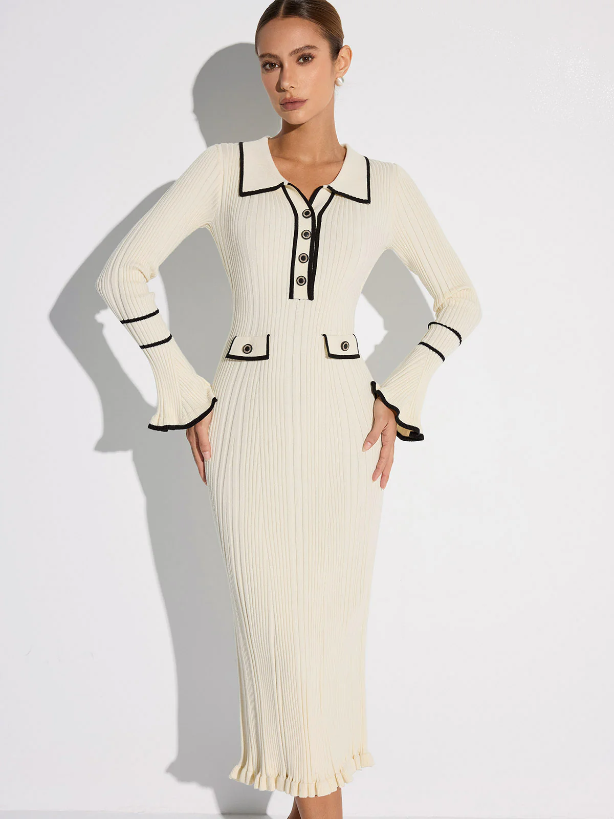 Contrast Trim Buttoned Ribbed Sweater Dress