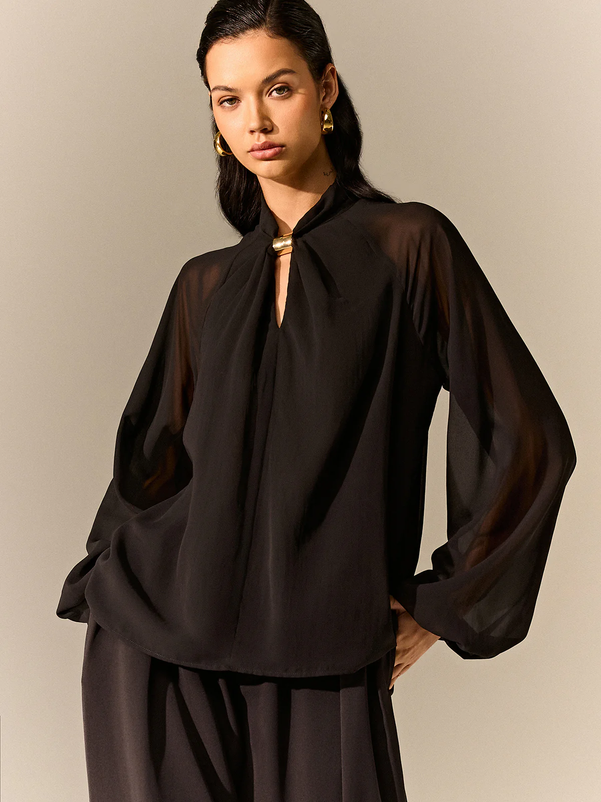 Semi-Sheer Chiffon Blouse with Neckline Metal Detail