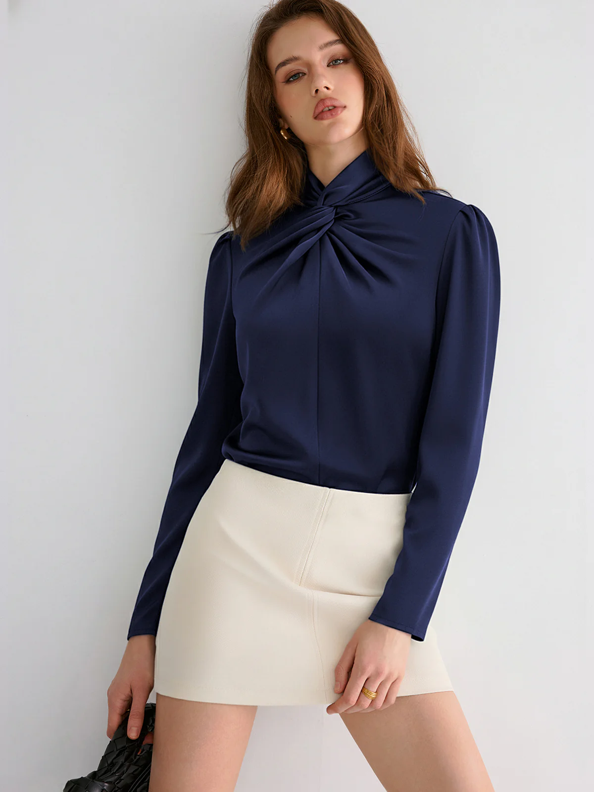 Twisted Mock Neck Long-Sleeve Satin Bodysuit