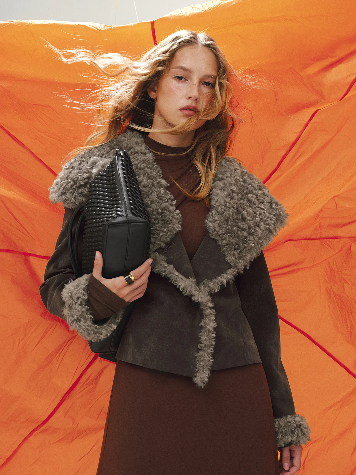 Shearling Collar Suede Effect Short Jacket