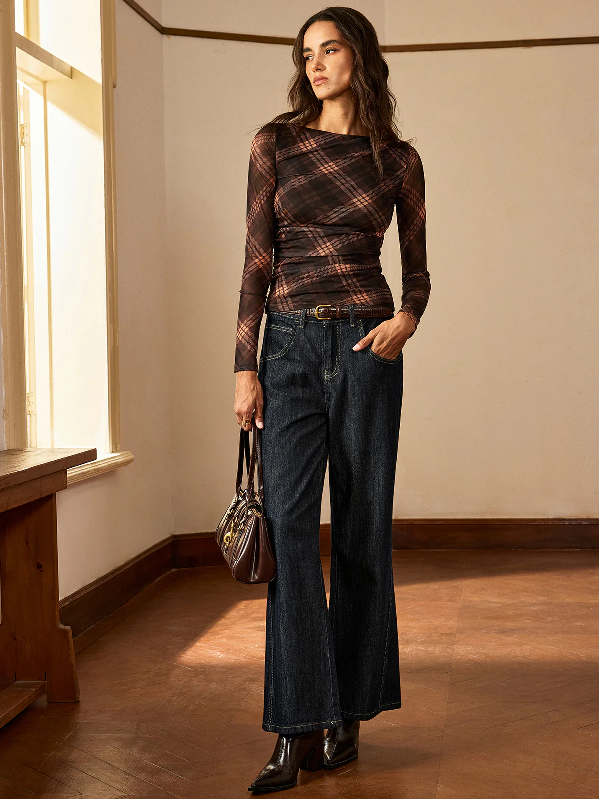 Plaid Mesh Ruched Long Sleeve Top