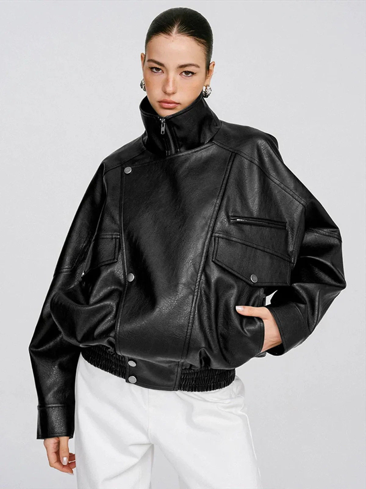 Collared Oversized PU Leather Jacket