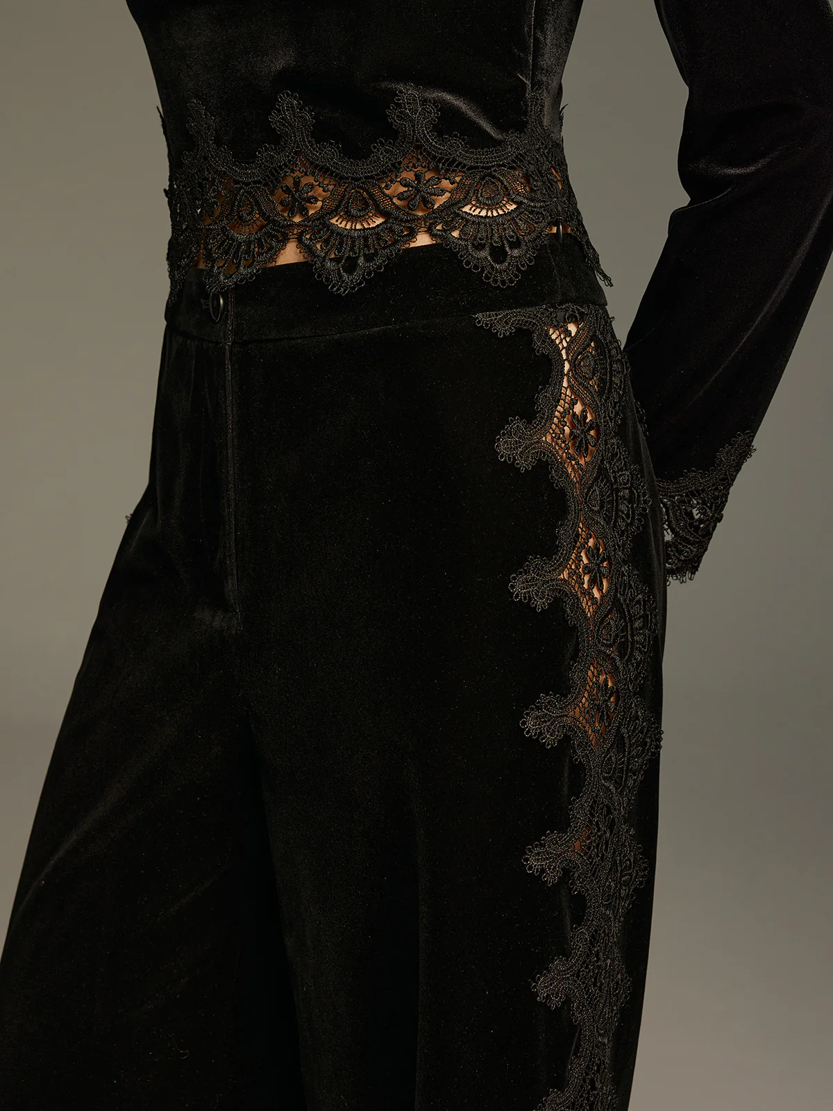 Side Lace Panel Velvet Straight-Leg Pants