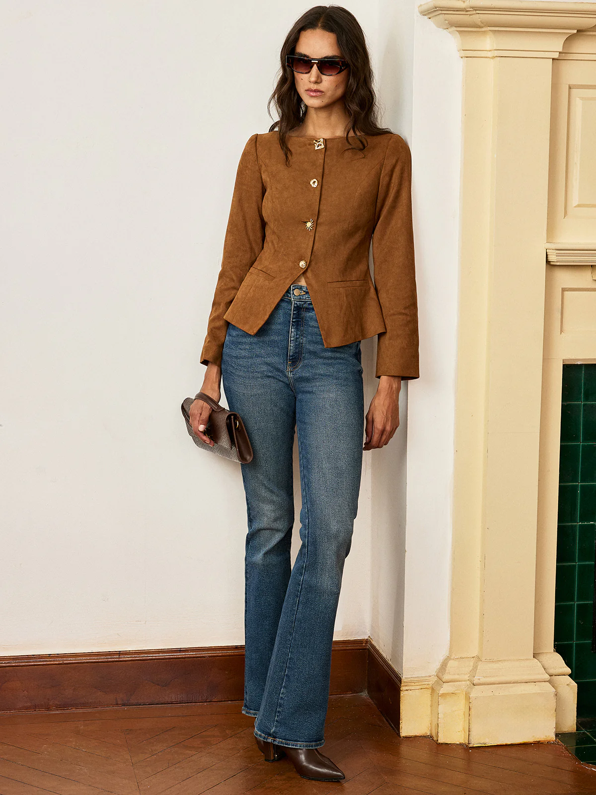 Suede Effect Fitted Metal Button Jacket