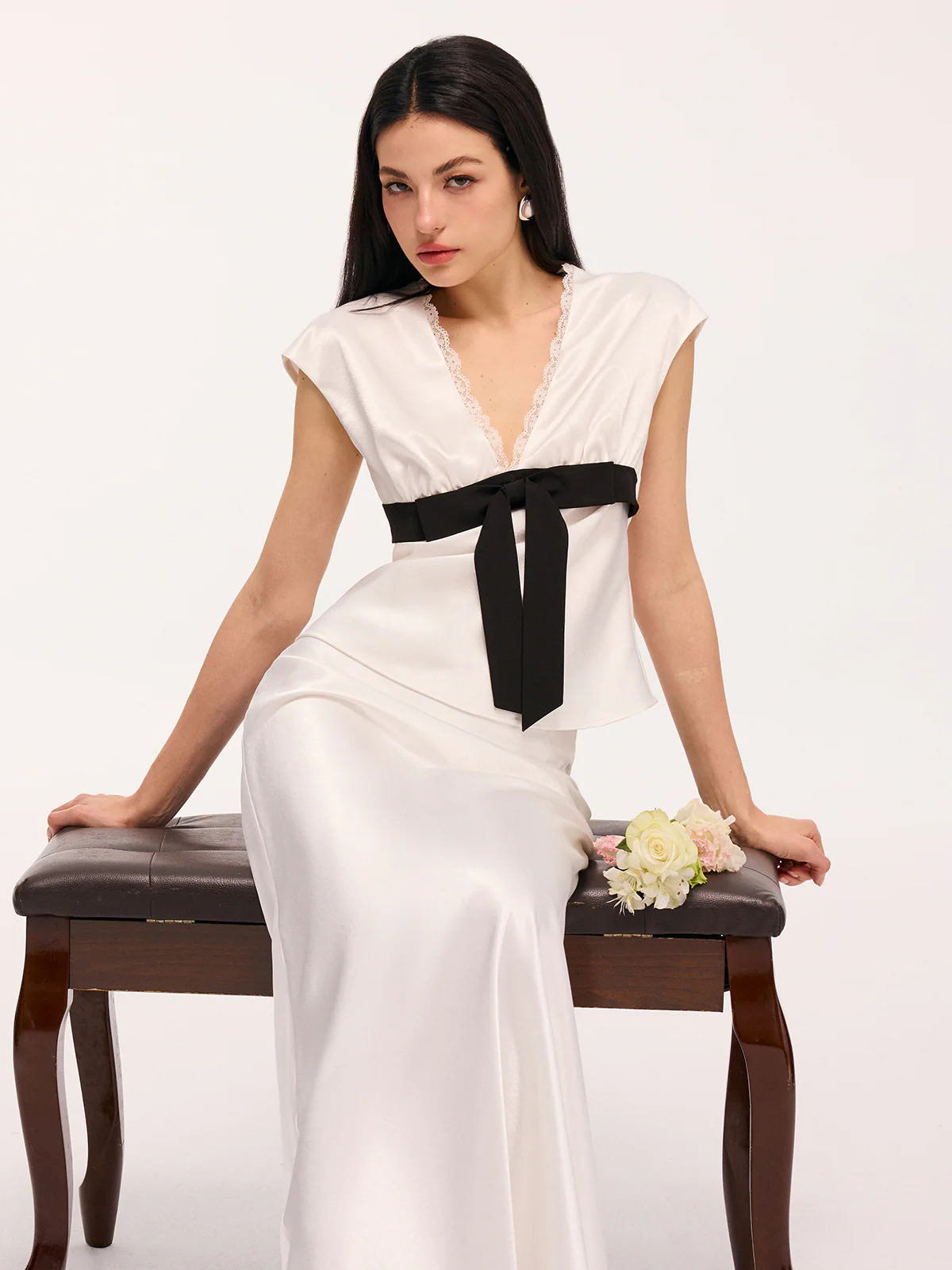 Satin Lace Trim Bow Top & Maxi Skirt Set