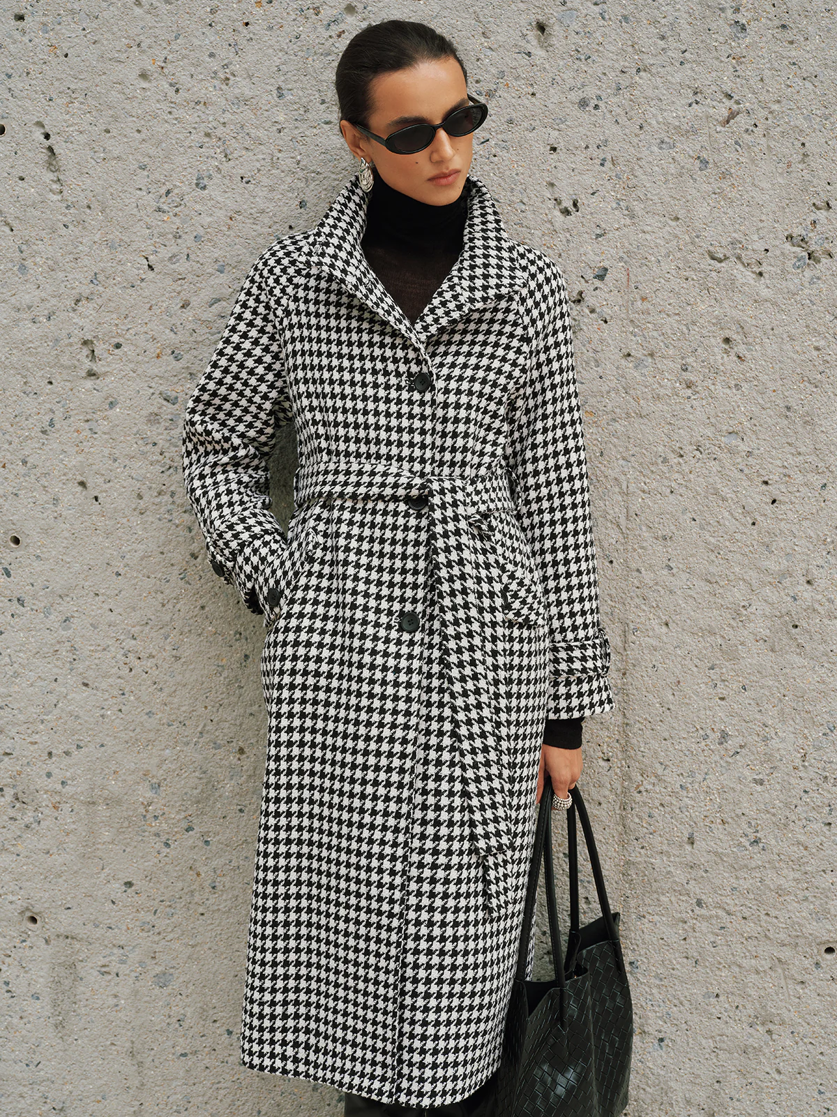 Belted Tweed Houndstooth Long Trench Coat