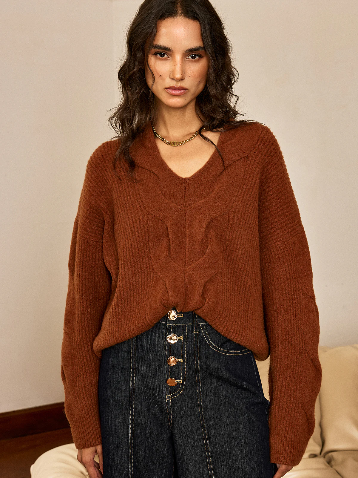Wool Blend Textured Knit V-Neck Sweater