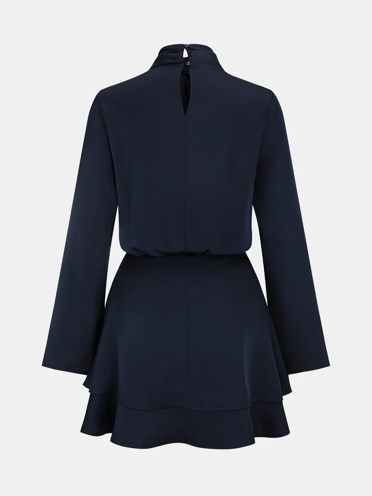 Long Sleeve Cross Neck Satin Tiered Mini Dress