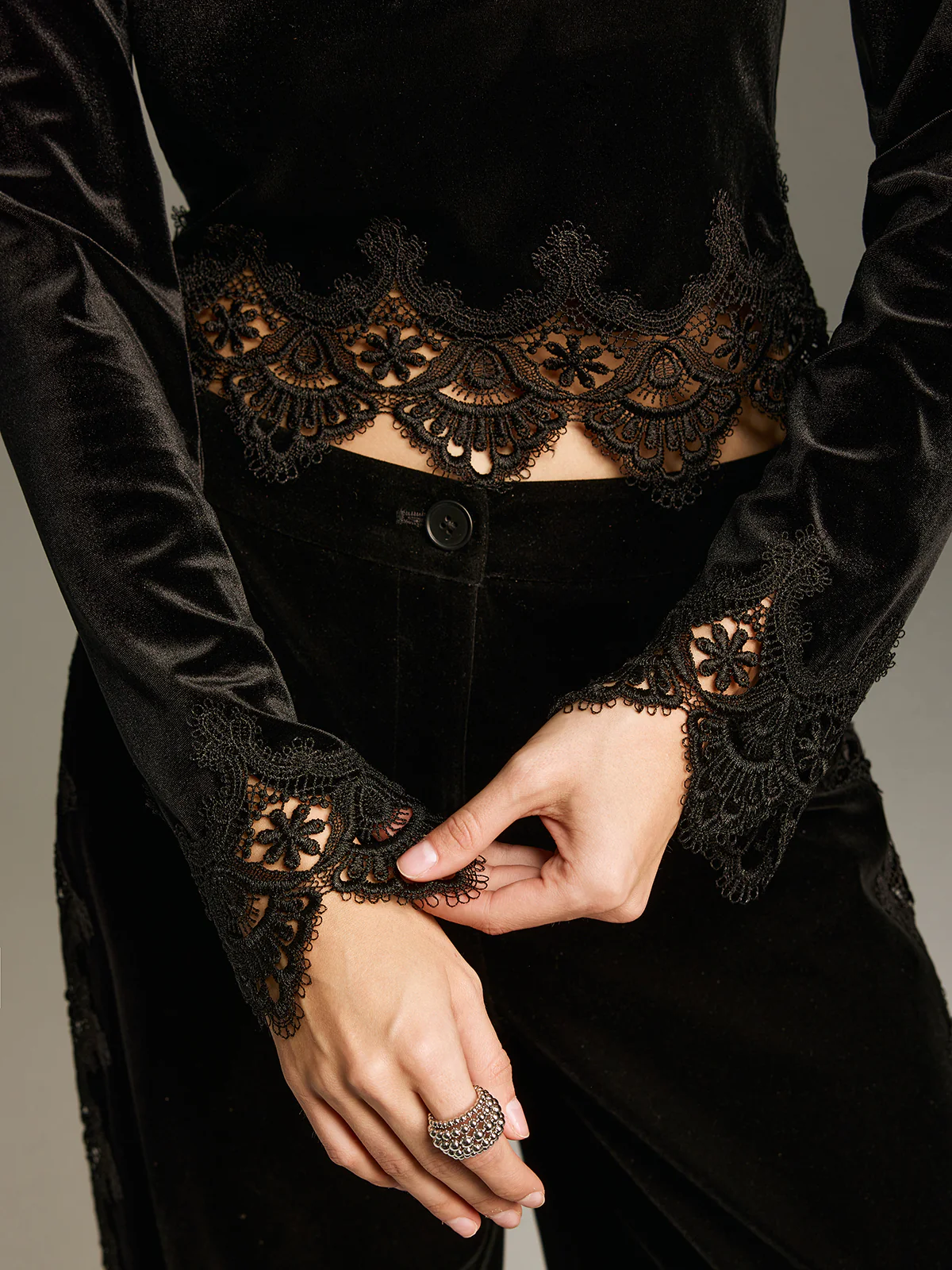 Lace Panel Velvet Long-Sleeve Top
