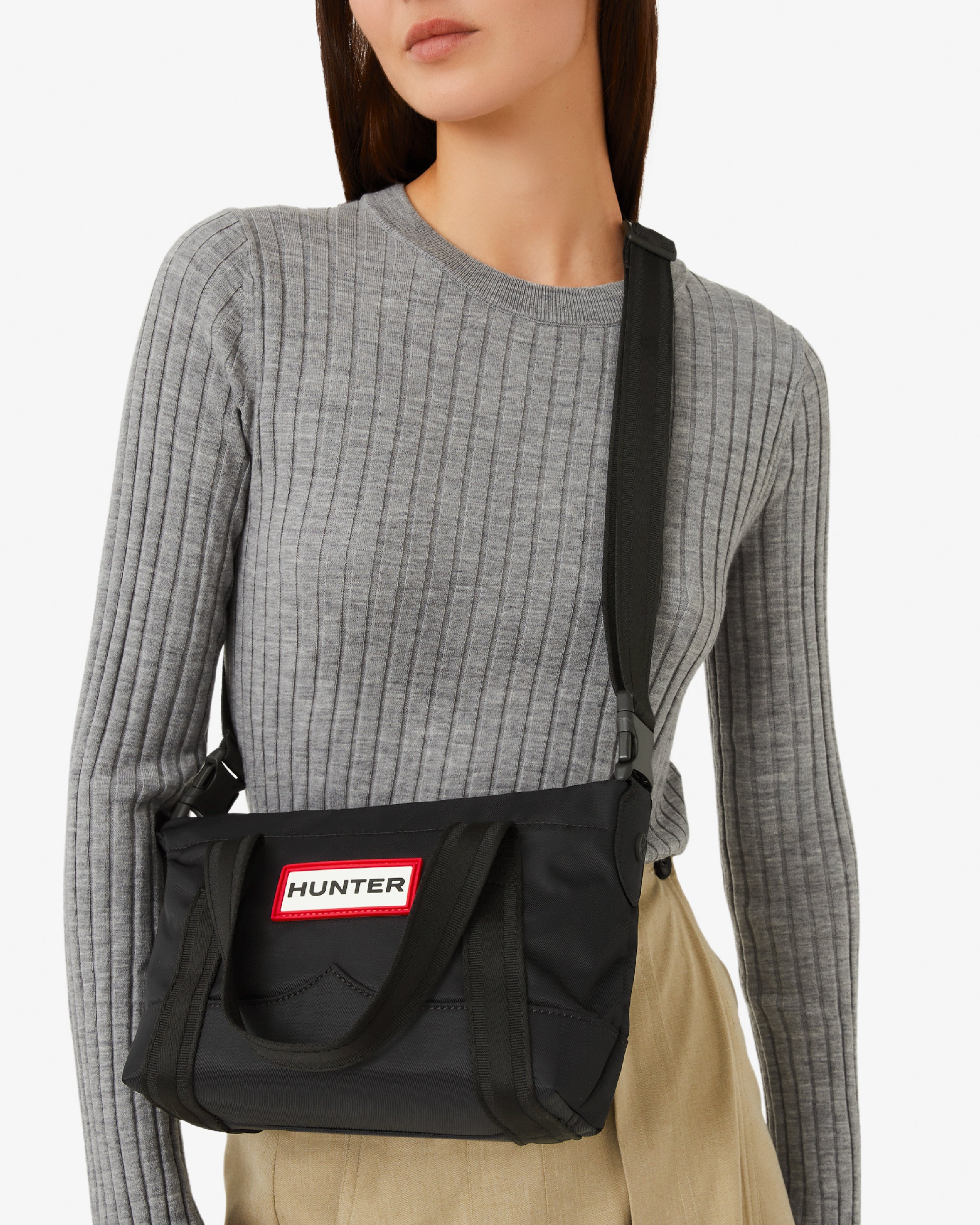 ナイロン ミニ トップ クリップ トート バッグ  -  ブラック