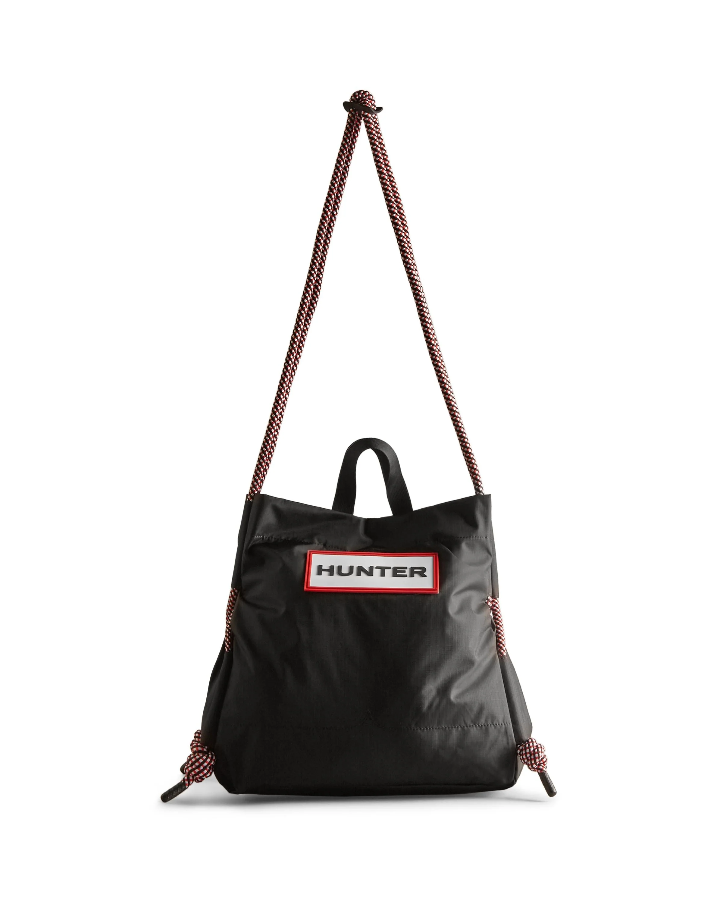 トラベル リップストップ リサイクル ナイロン トート バッグ  -  ブラック/レッド ボックス ロゴ