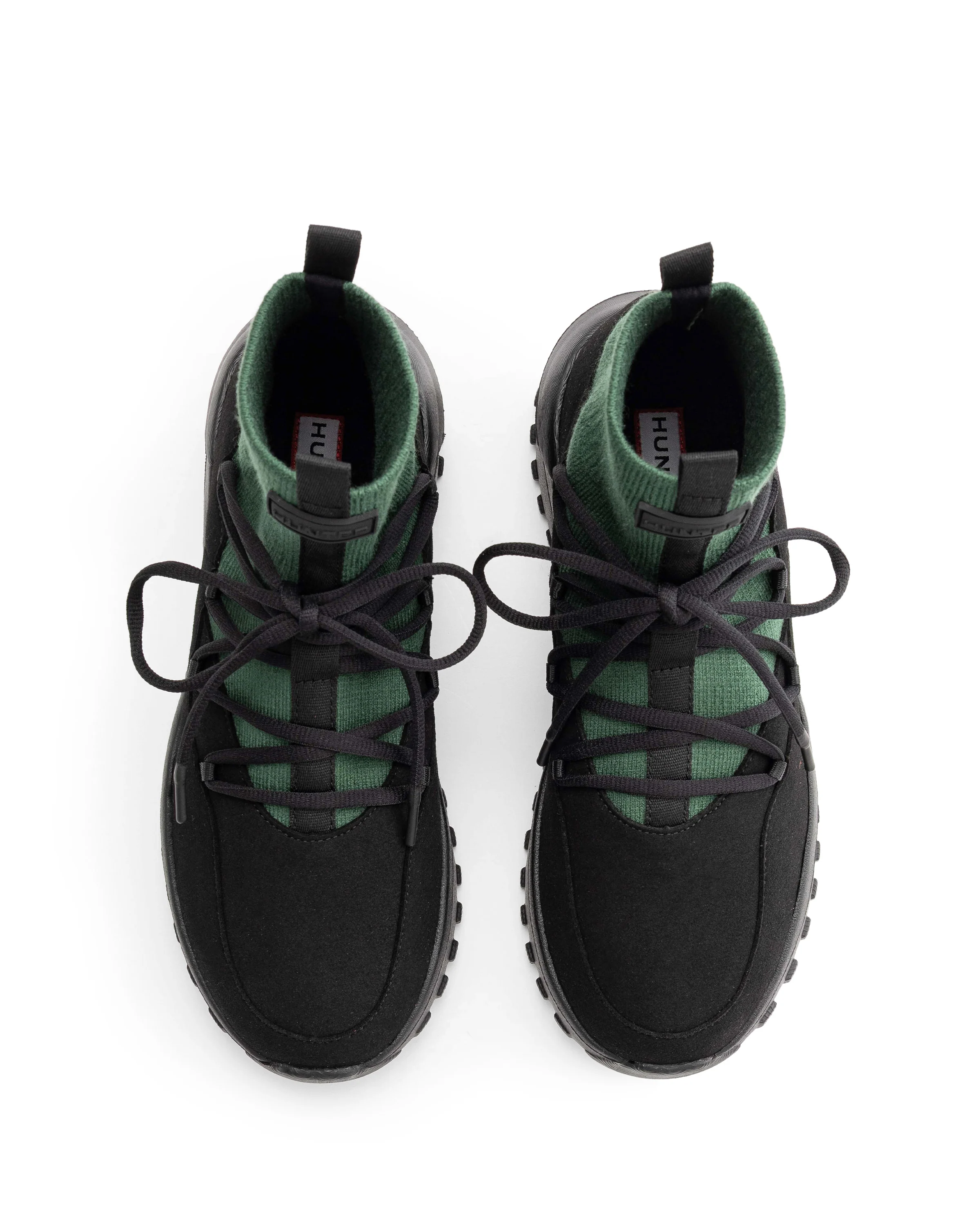 ユニセックス トラベル フロー ビーガン スエード ニット レース ブーツ - ブラック / リッチグリーン