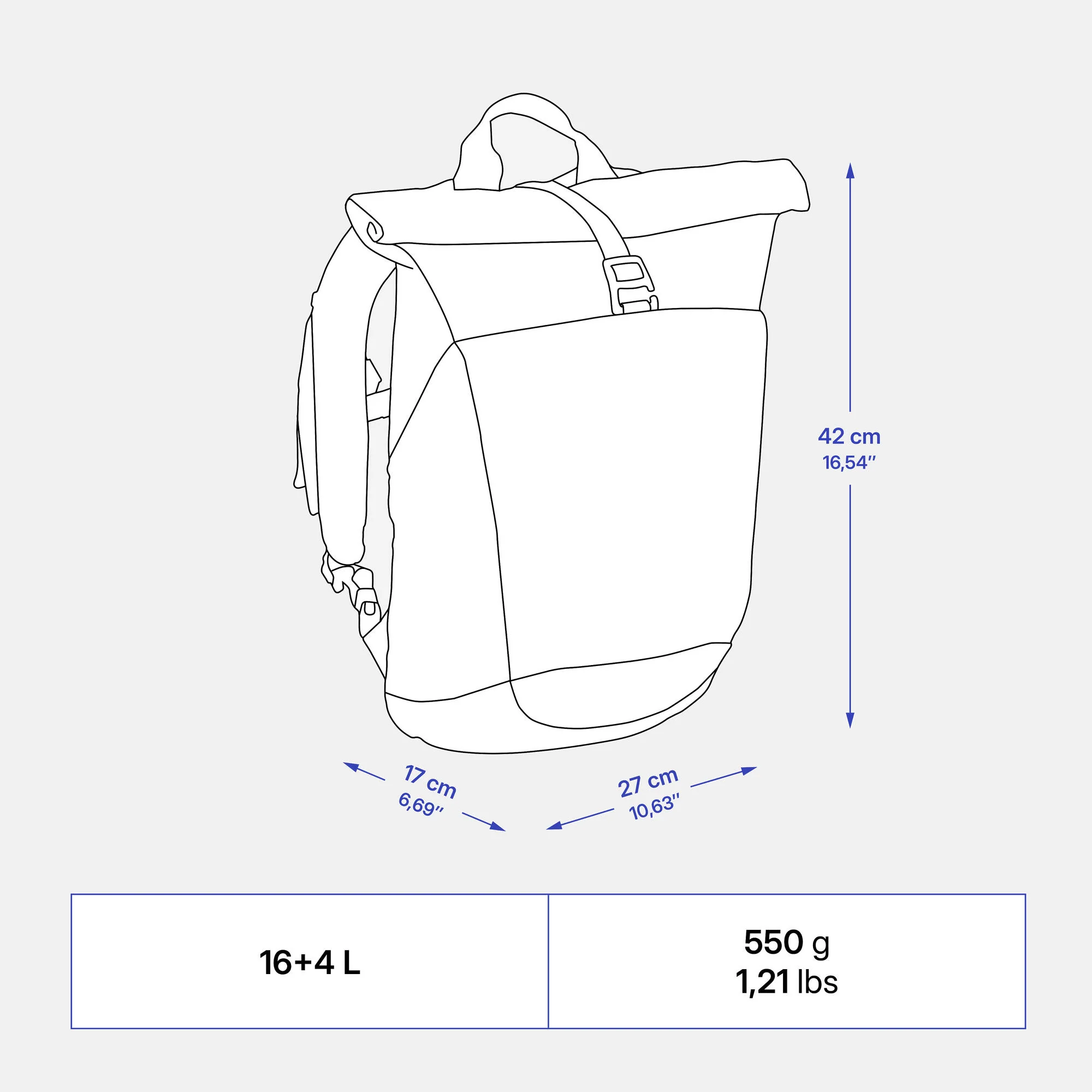 Quechua NH500 Escape 16L+4 Rolltop Hiking Backpack