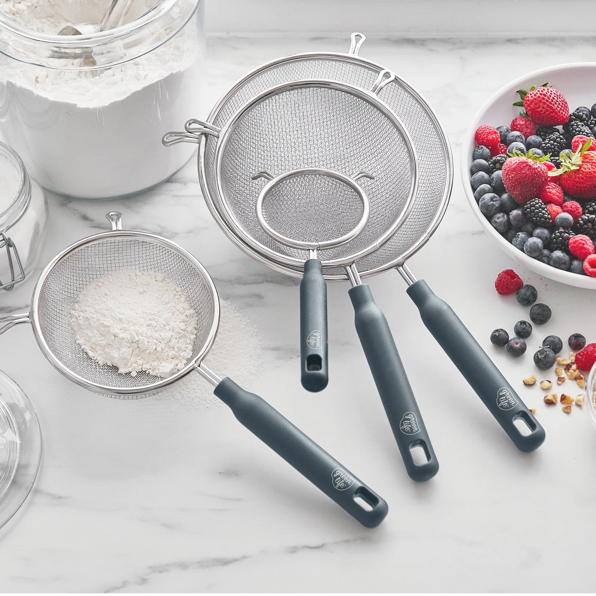 GreenLife Stainless Steel Mesh Strainers, Set of 4 | Gray