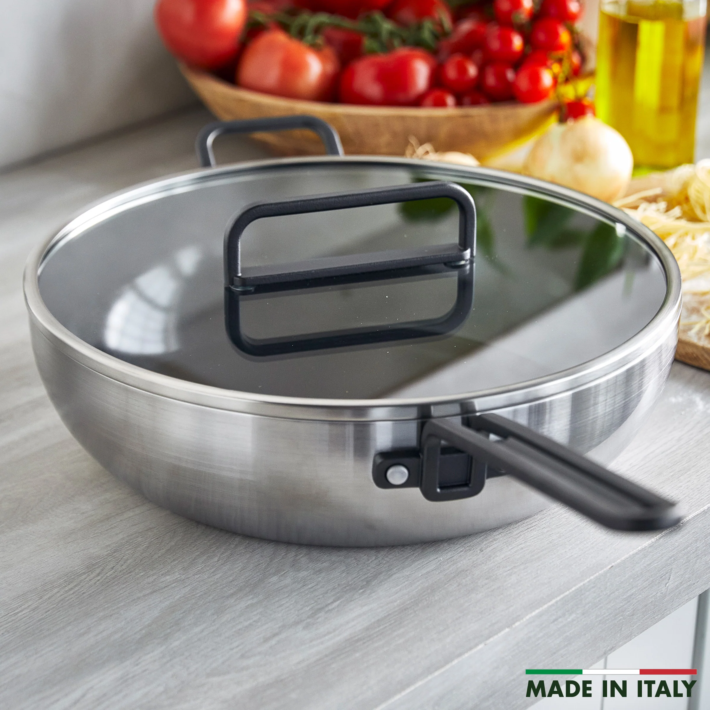 Stanley Tucci™ Stainless Steel Ceramic Nonstick 6.5-Quart Essential Stanley Pan with Lid | Black Handle