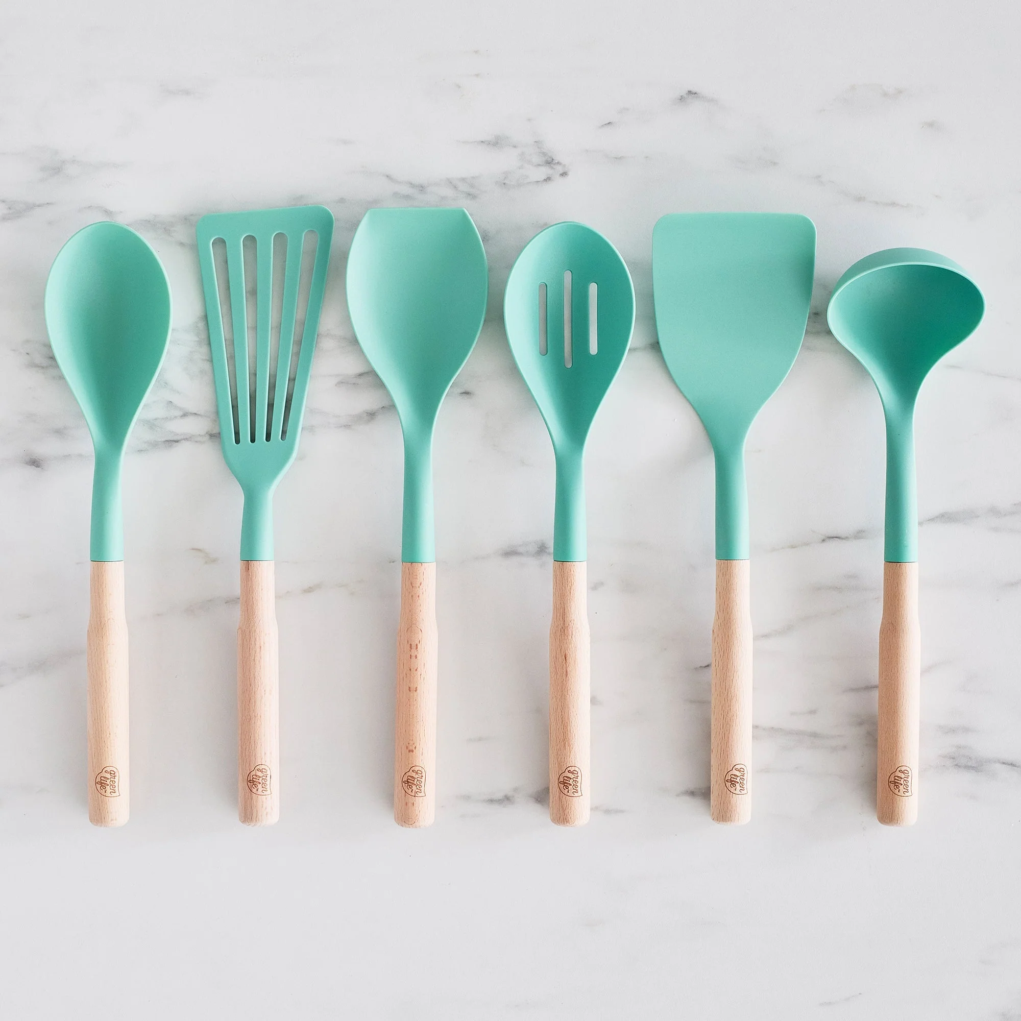 GreenLife Nylon & Wood Cooking Utensils with Ceramic Crock, 7-Piece Set | Turquoise