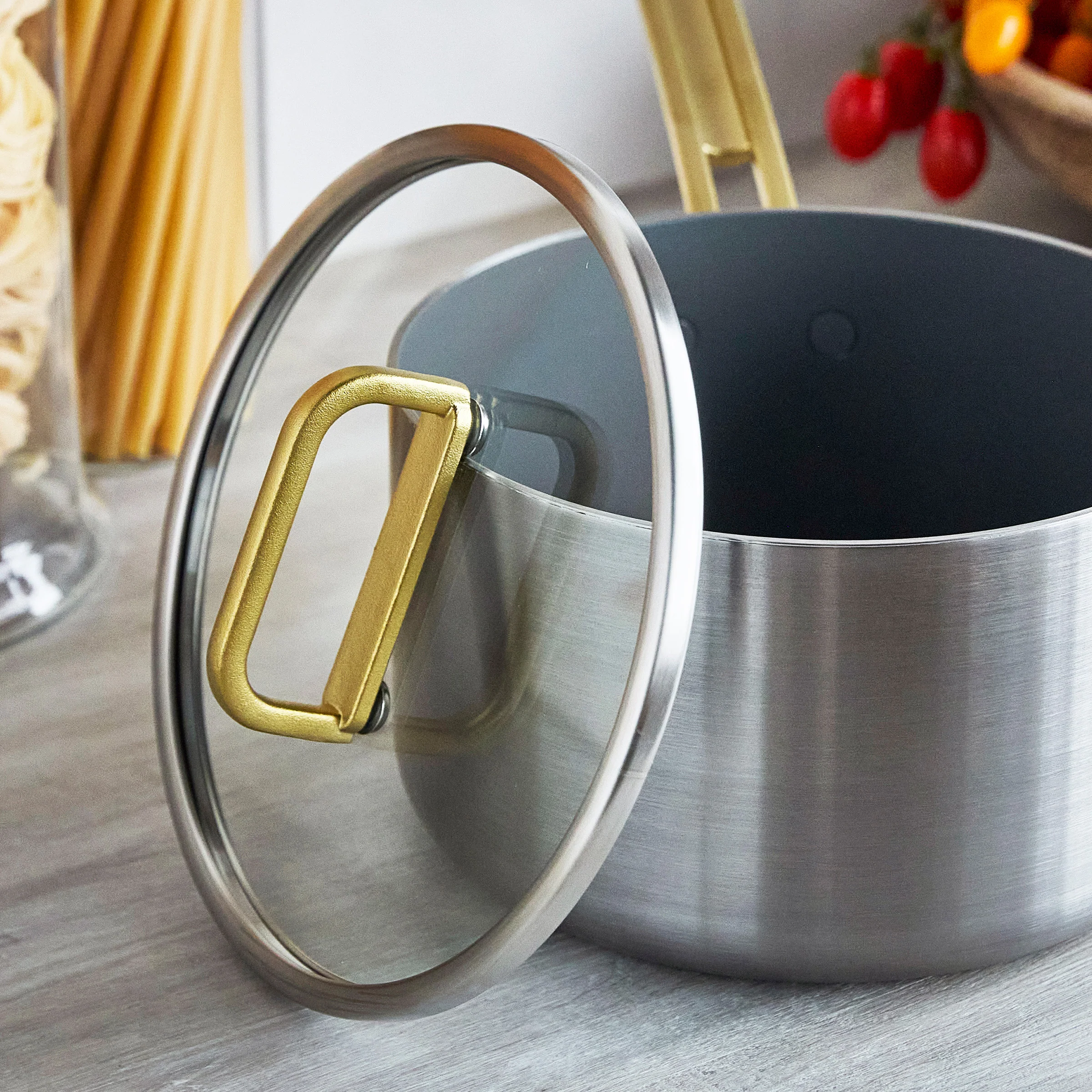 Stanley Tucci™ Stainless Steel Ceramic Nonstick 4-Quart Saucepan with Lid | Champagne Handles