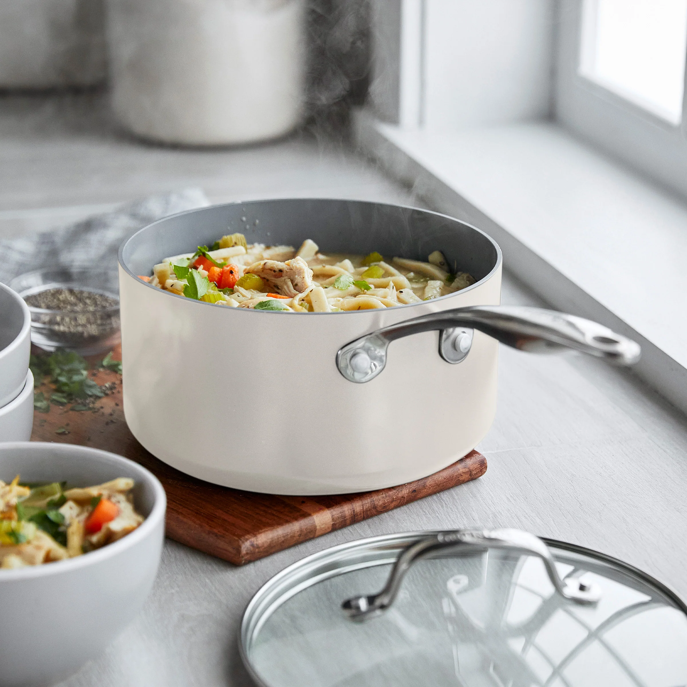 Valencia Pro Ceramic Nonstick 1.5-Quart and 3-Quart Saucepan Set with Lids | Cream