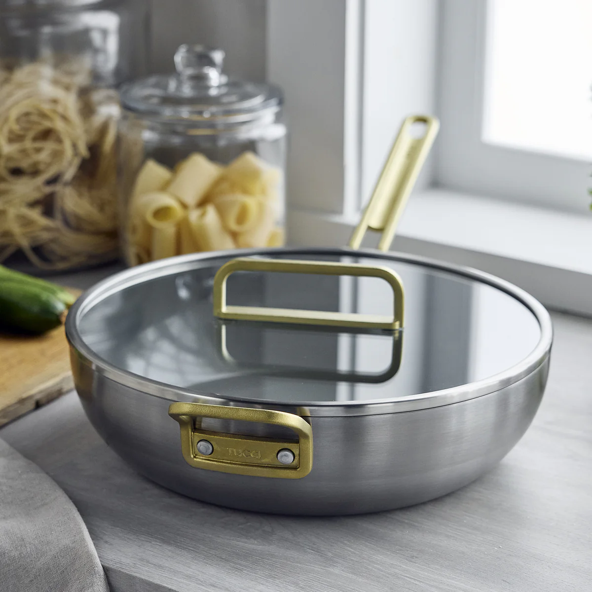 Stanley Tucci™ Stainless Steel Ceramic Nonstick 6.5-Quart Essential Stanley Pan with Lid | Champagne Handle