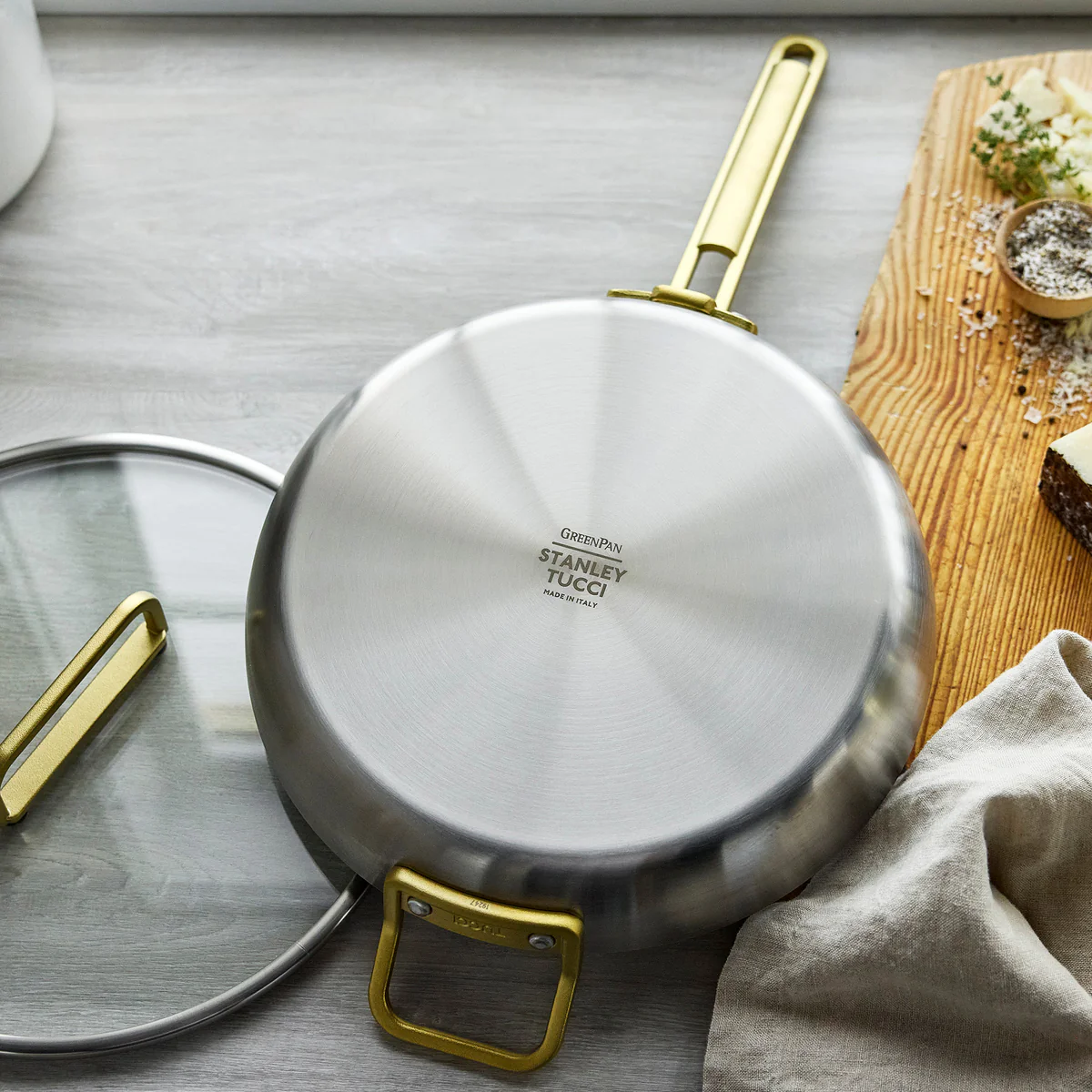 Stanley Tucci™ Stainless Steel Ceramic Nonstick 12 Frypan with Lid | Champagne Handle