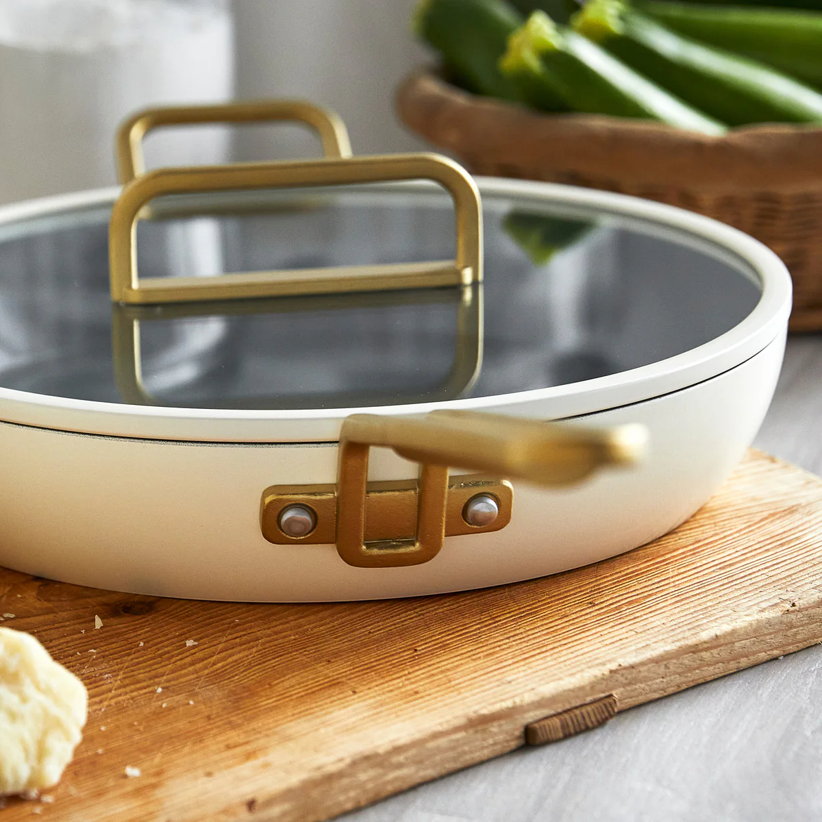 Stanley Tucci™ Ceramic Nonstick 4-Piece Frypan Set with The Tucci Cookbook | Carrara White