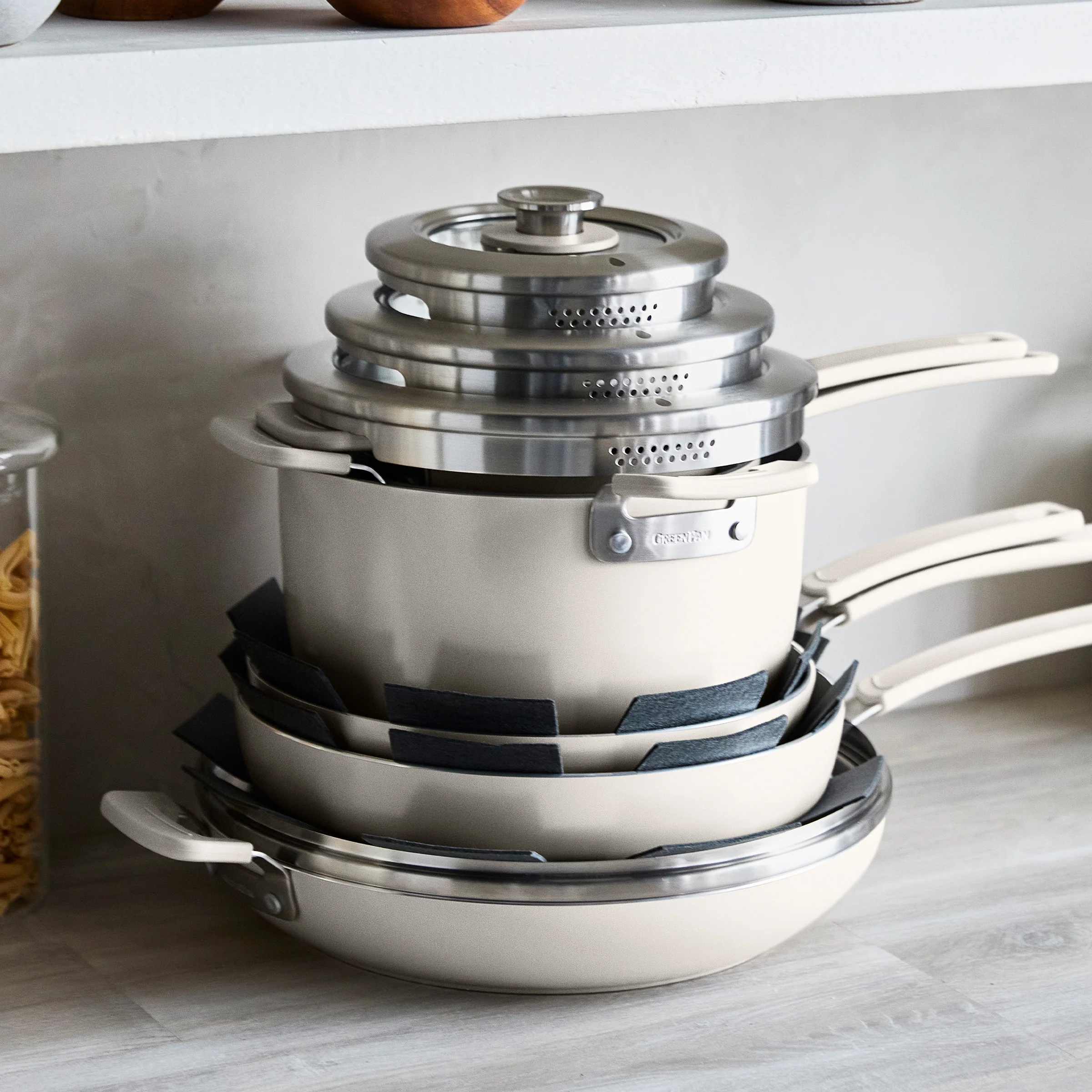 Space Saving Stack Ceramic Nonstick 11-Piece Cookware Set | Cream