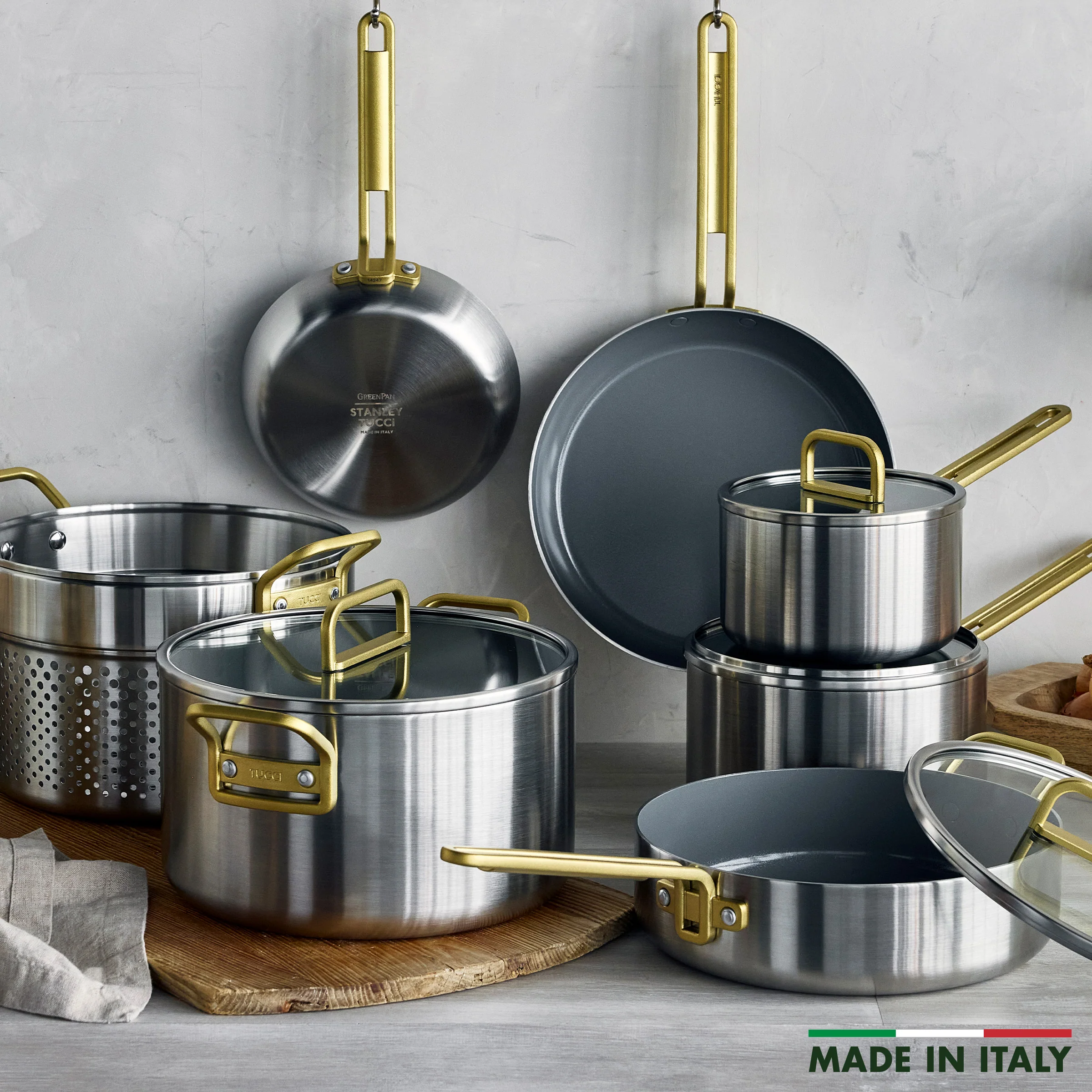 Stanley Tucci™ Stainless Steel Ceramic Nonstick 11-Piece Cookware Set with The Tucci Cookbook | Champagne Handles