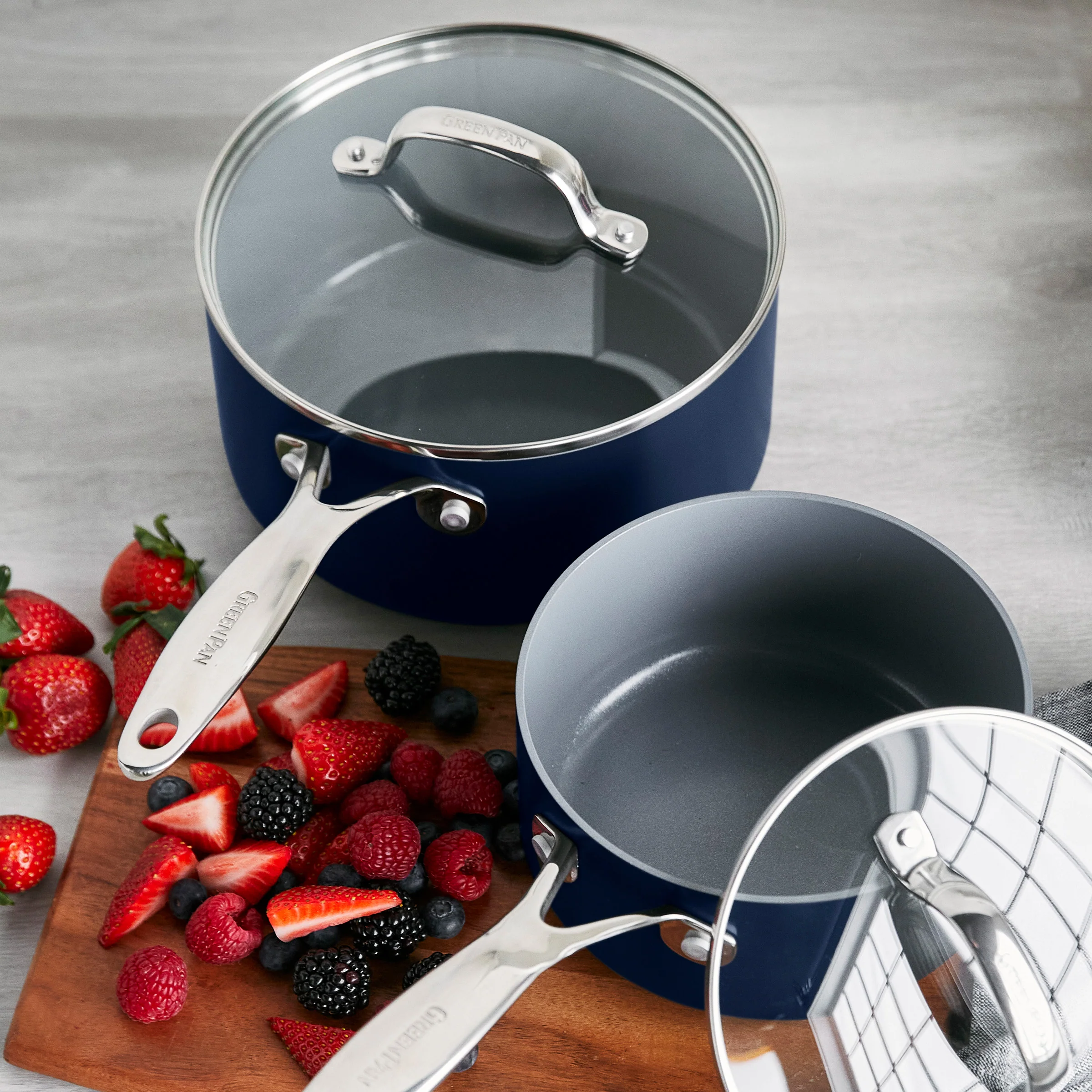 Valencia Pro Ceramic Nonstick 1.5-Quart and 3-Quart Saucepan Set with Lids | Twilight