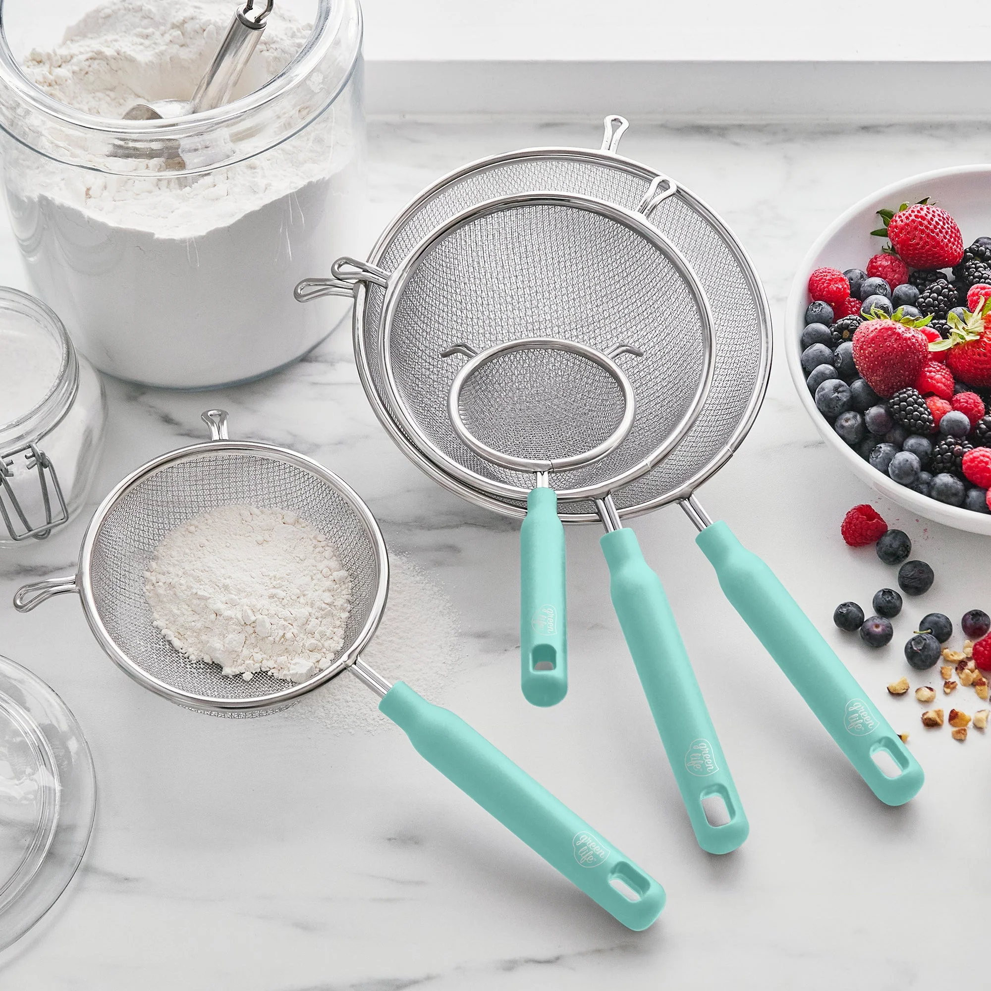 GreenLife Stainless Steel Mesh Strainers, Set of 4 | Turquoise