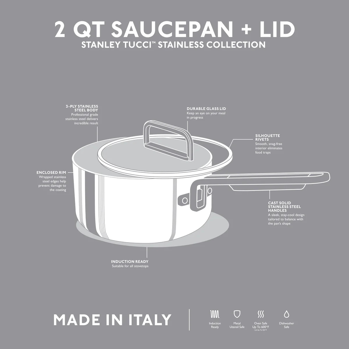 Stanley Tucci™ Uncoated Stainless Steel 2-Quart Saucepan with Lid