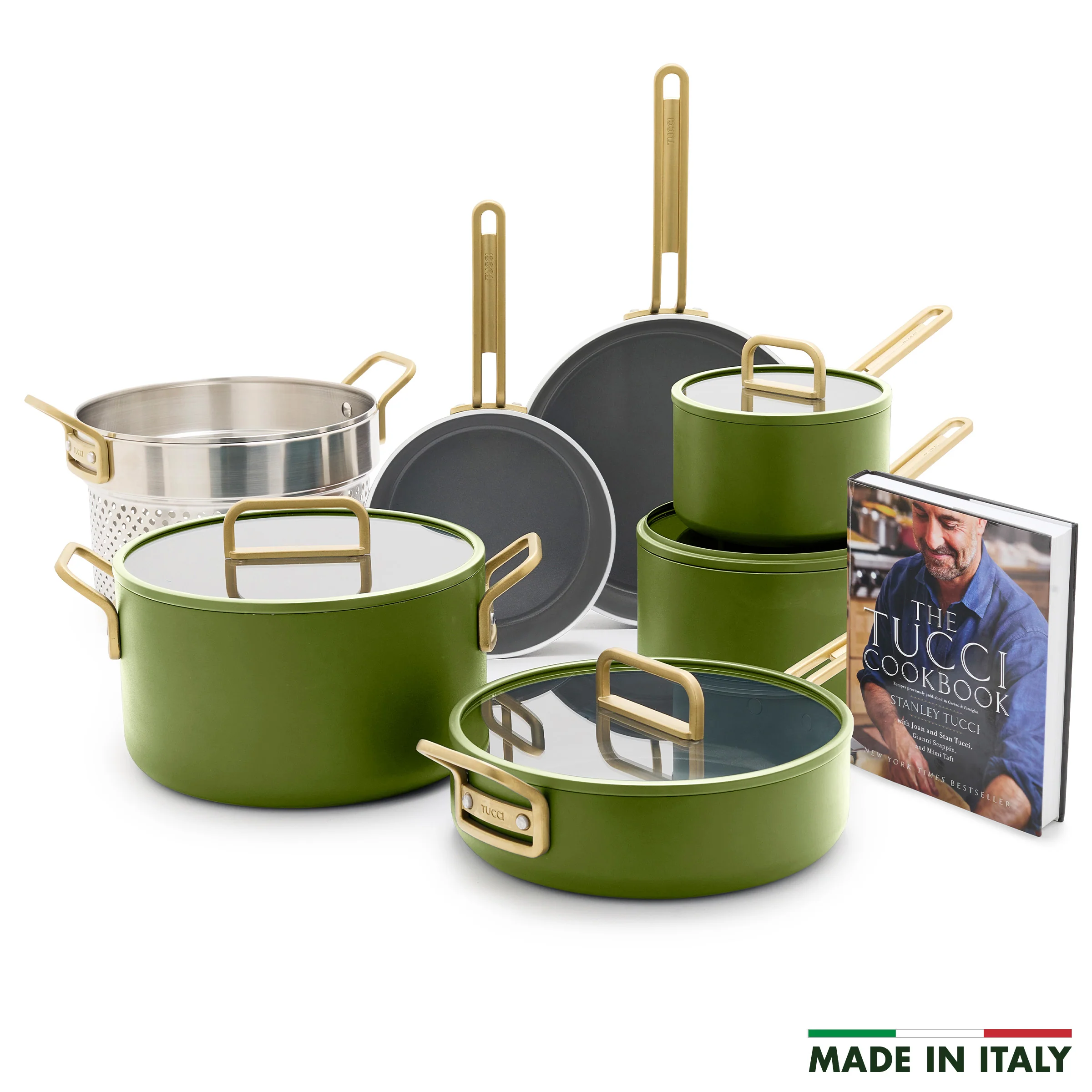 Stanley Tucci™ Ceramic Nonstick 11-Piece Cookware Set with The Tucci Cookbook | Tuscan Olive