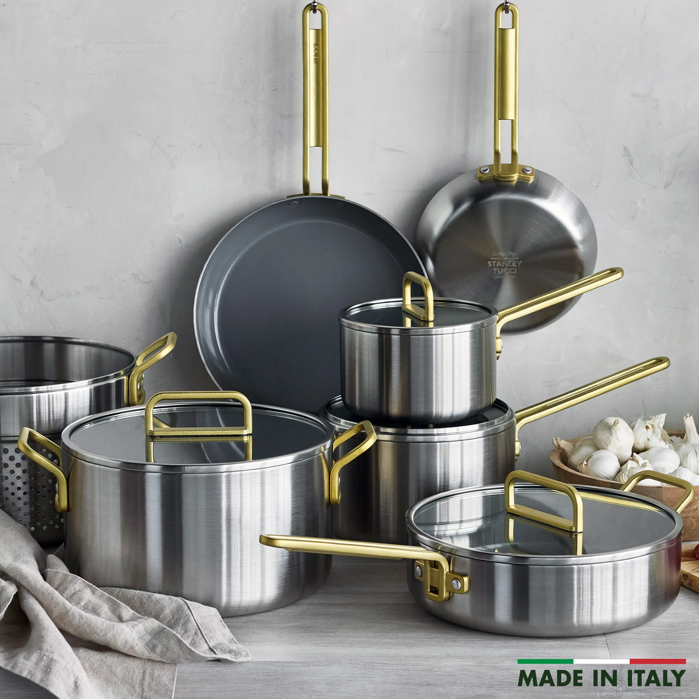 Stanley Tucci™ Mixed Material Stainless Steel 11-Piece Cookware Set with the Tucci Cookbook