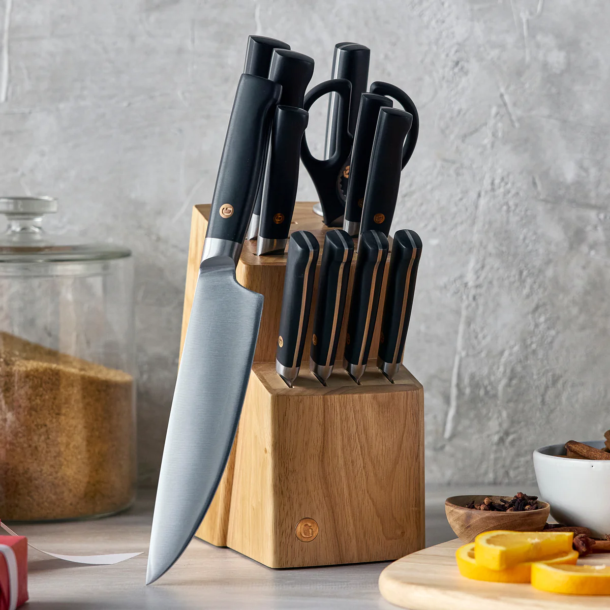 Elite Cutlery 13-Piece Knife Block Set with Black Handles