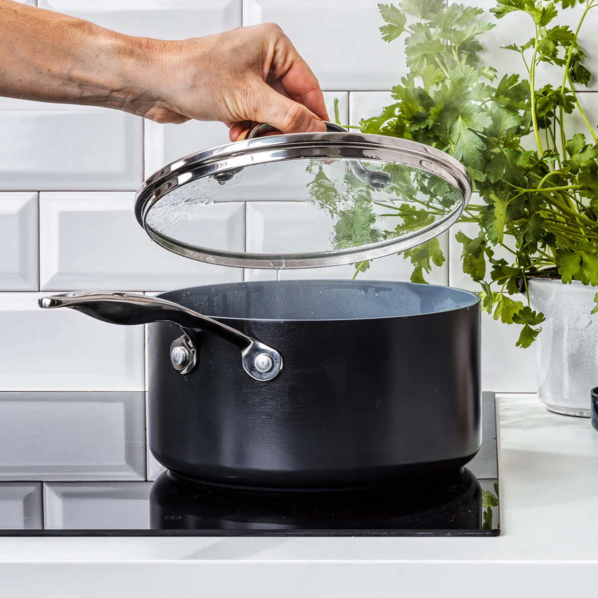 Valencia Pro Ceramic Nonstick 1.5-Quart and 3-Quart Saucepan Set with Lids | Gray