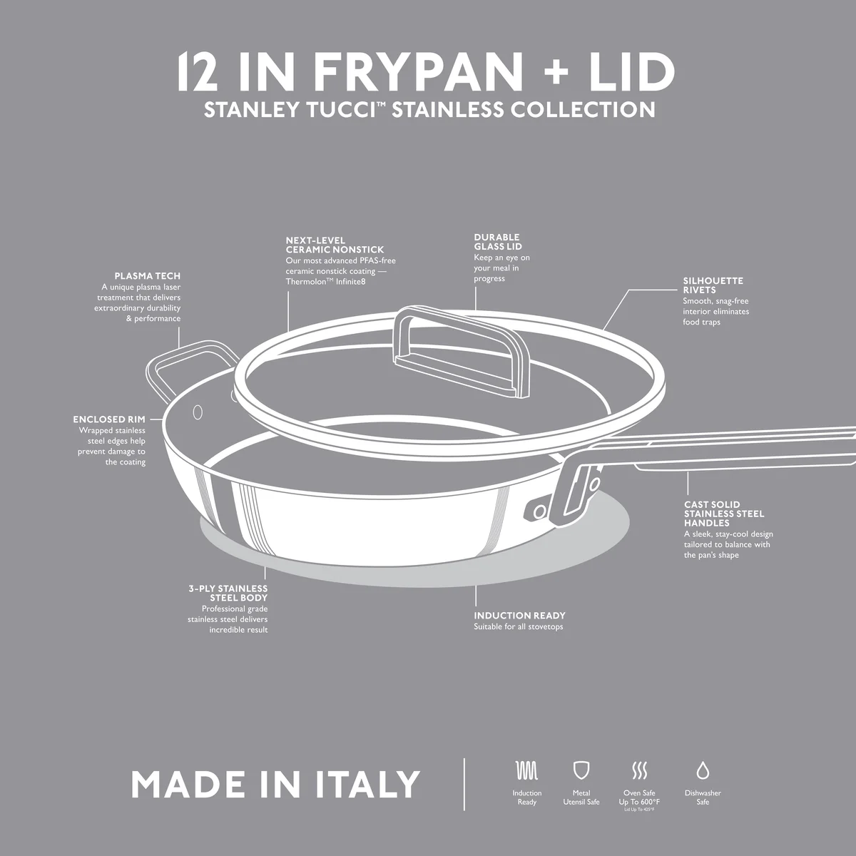 Stanley Tucci™ Stainless Steel Ceramic Nonstick 12 Frypan with Lid | Champagne Handle