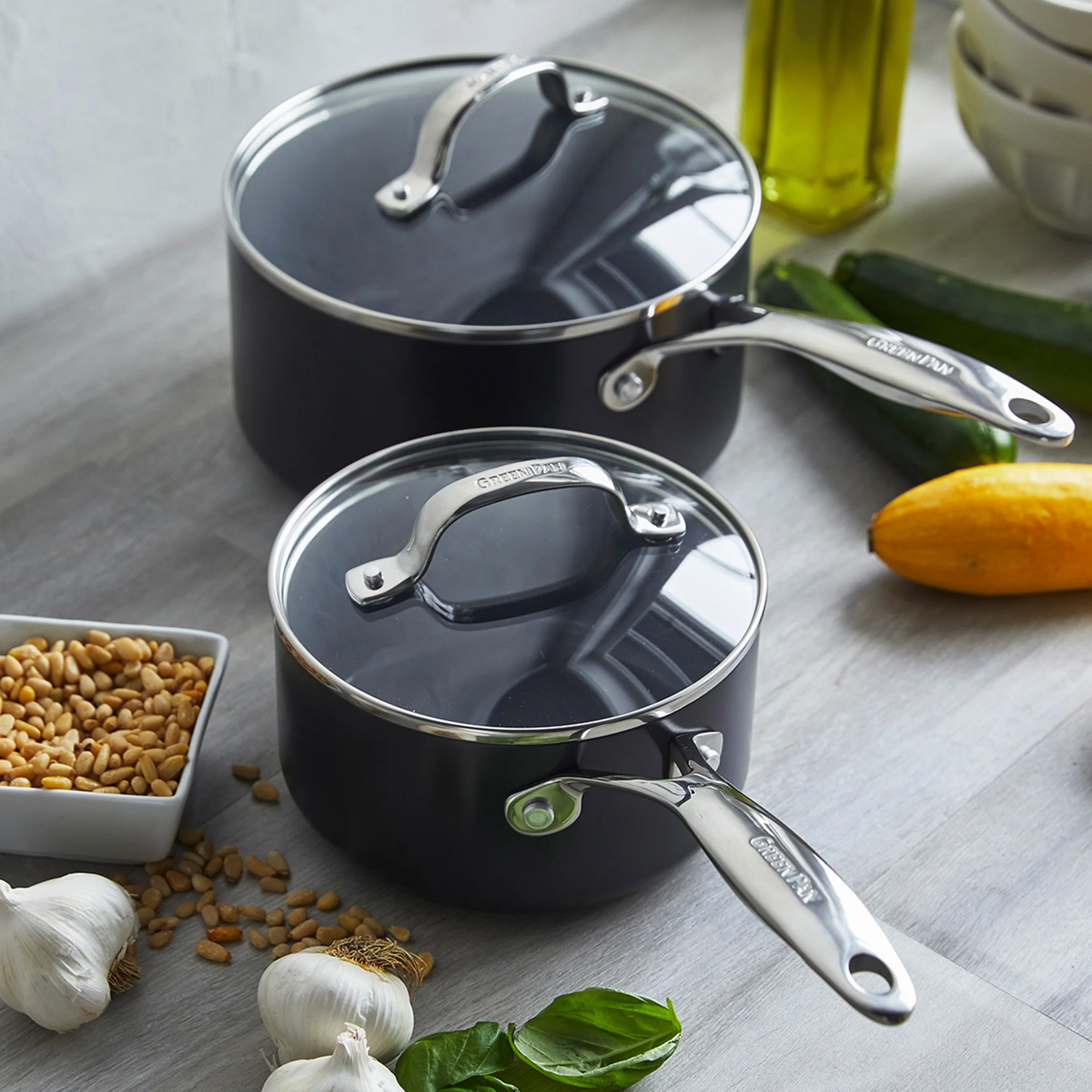 Valencia Pro Ceramic Nonstick 1.5-Quart and 3-Quart Saucepan Set with Lids | Gray