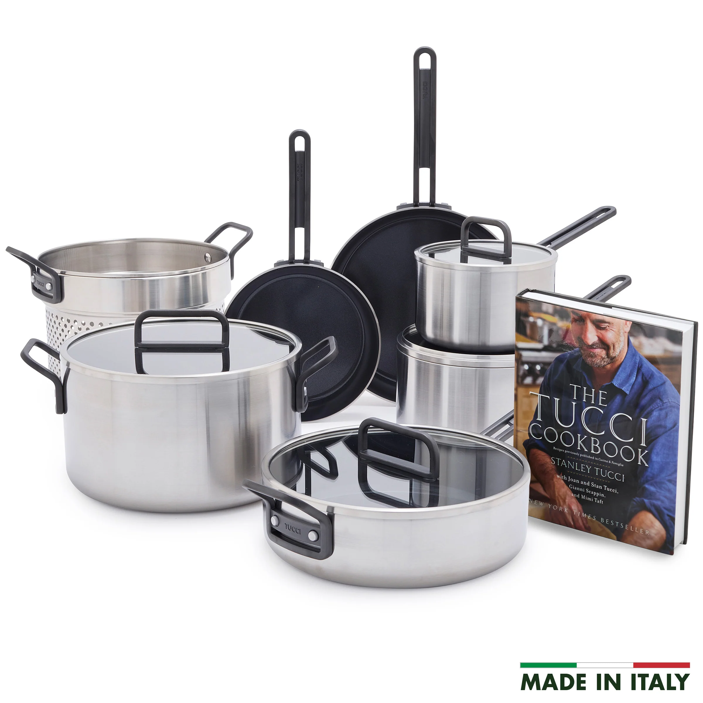 Stanley Tucci™ Stainless Steel Ceramic Nonstick 11-Piece Cookware Set with The Tucci Cookbook | Black Handles