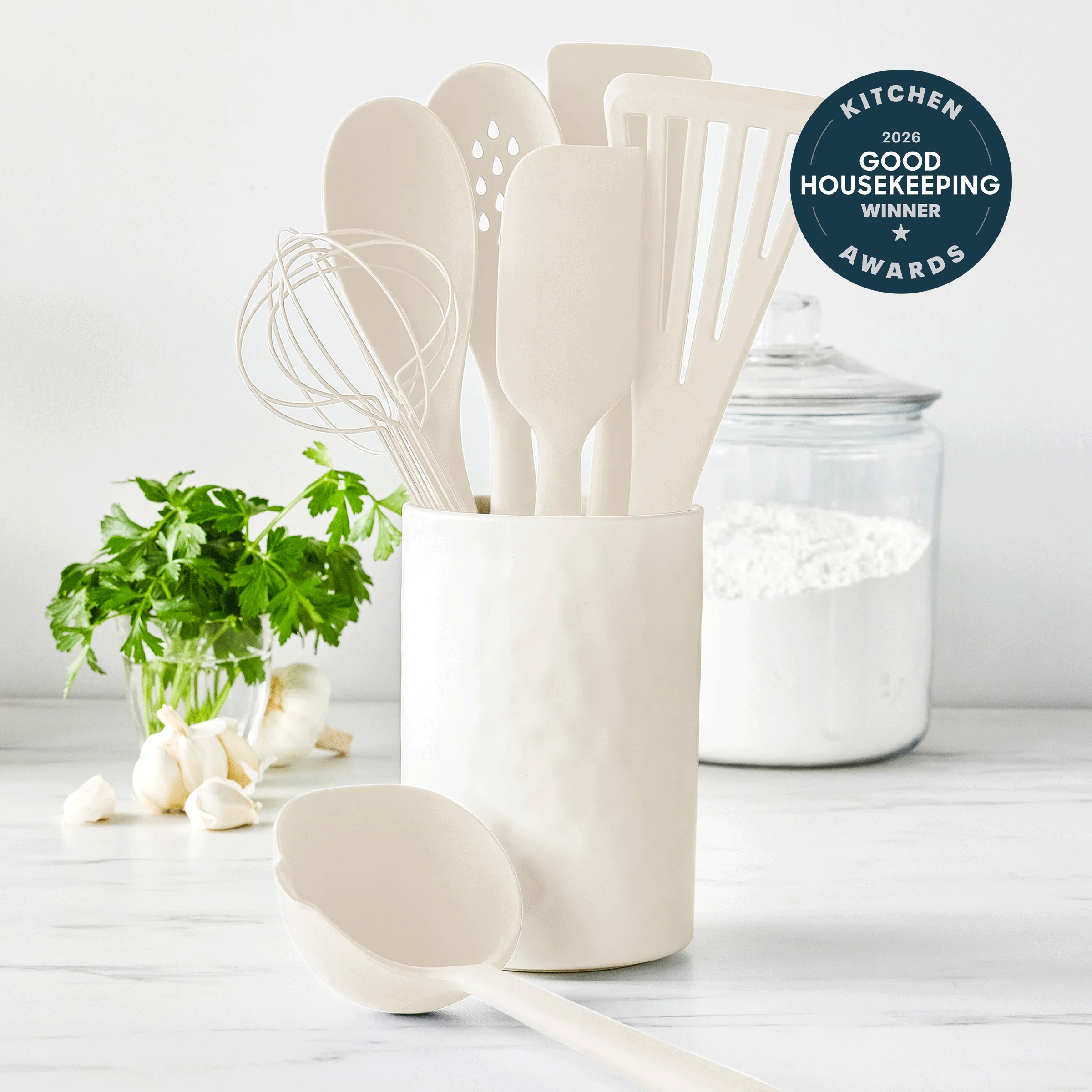 Premiere Silicone 8-Piece Utensil and Crock Set | Bisque