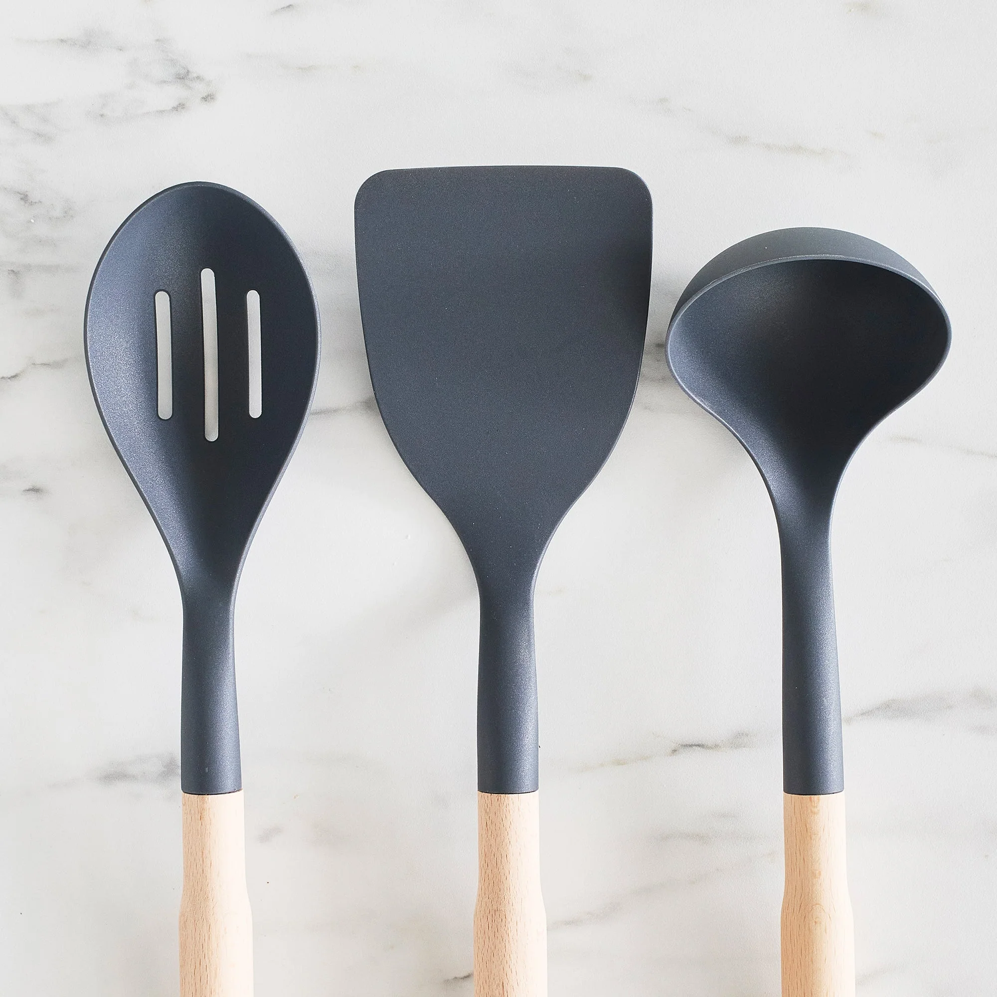 GreenLife Nylon & Wood Cooking Utensils with Ceramic Crock, 7-Piece Set | Charcoal Gray