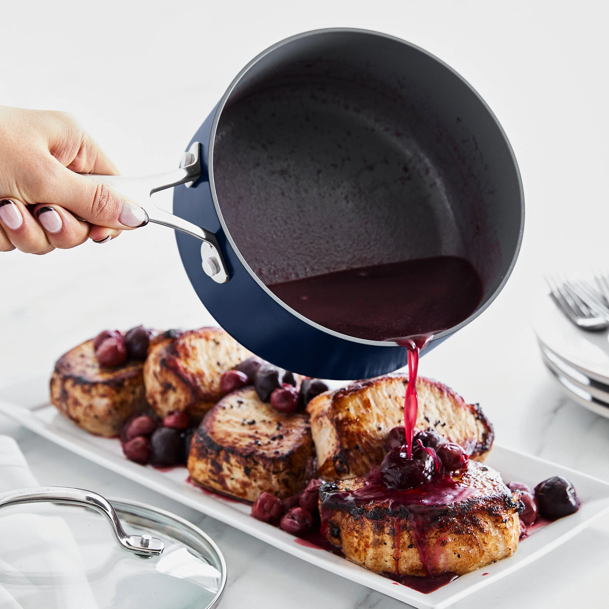 Valencia Pro Ceramic Nonstick 1.5-Quart and 3-Quart Saucepan Set with Lids | Twilight