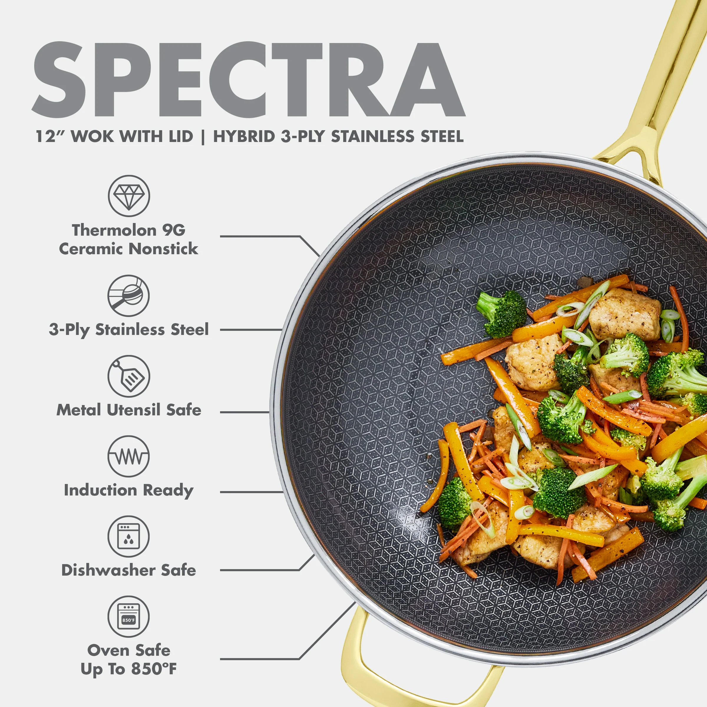 Spectra Gold Thermobond Hybrid Ceramic Nonstick 12 Wok with Lid