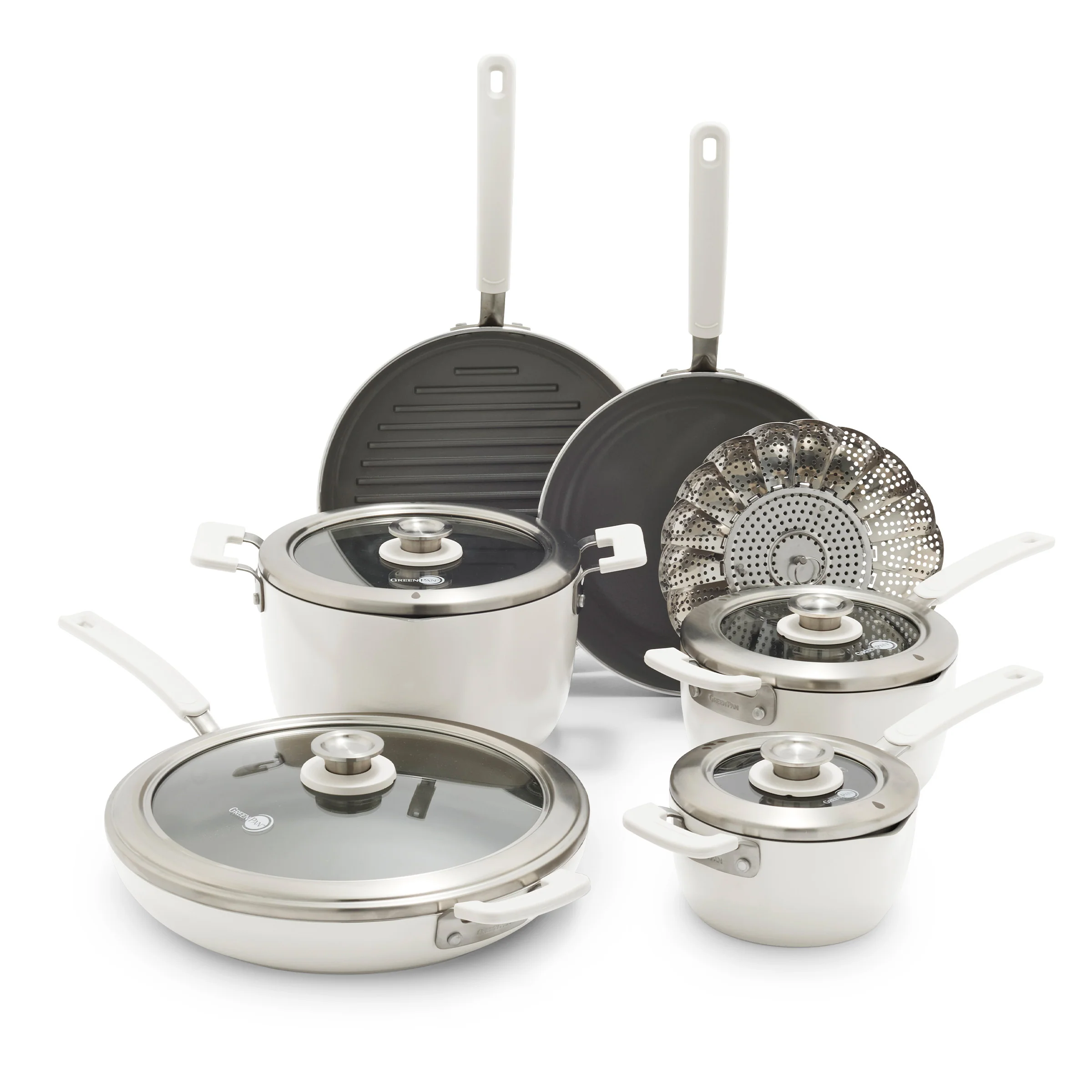 Space Saving Stack Ceramic Nonstick 11-Piece Cookware Set | Cream