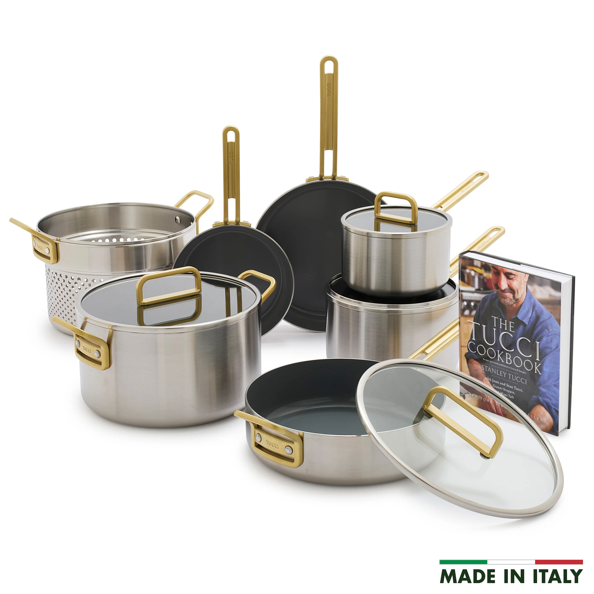 Stanley Tucci™ Stainless Steel Ceramic Nonstick 11-Piece Cookware Set with The Tucci Cookbook | Champagne Handles