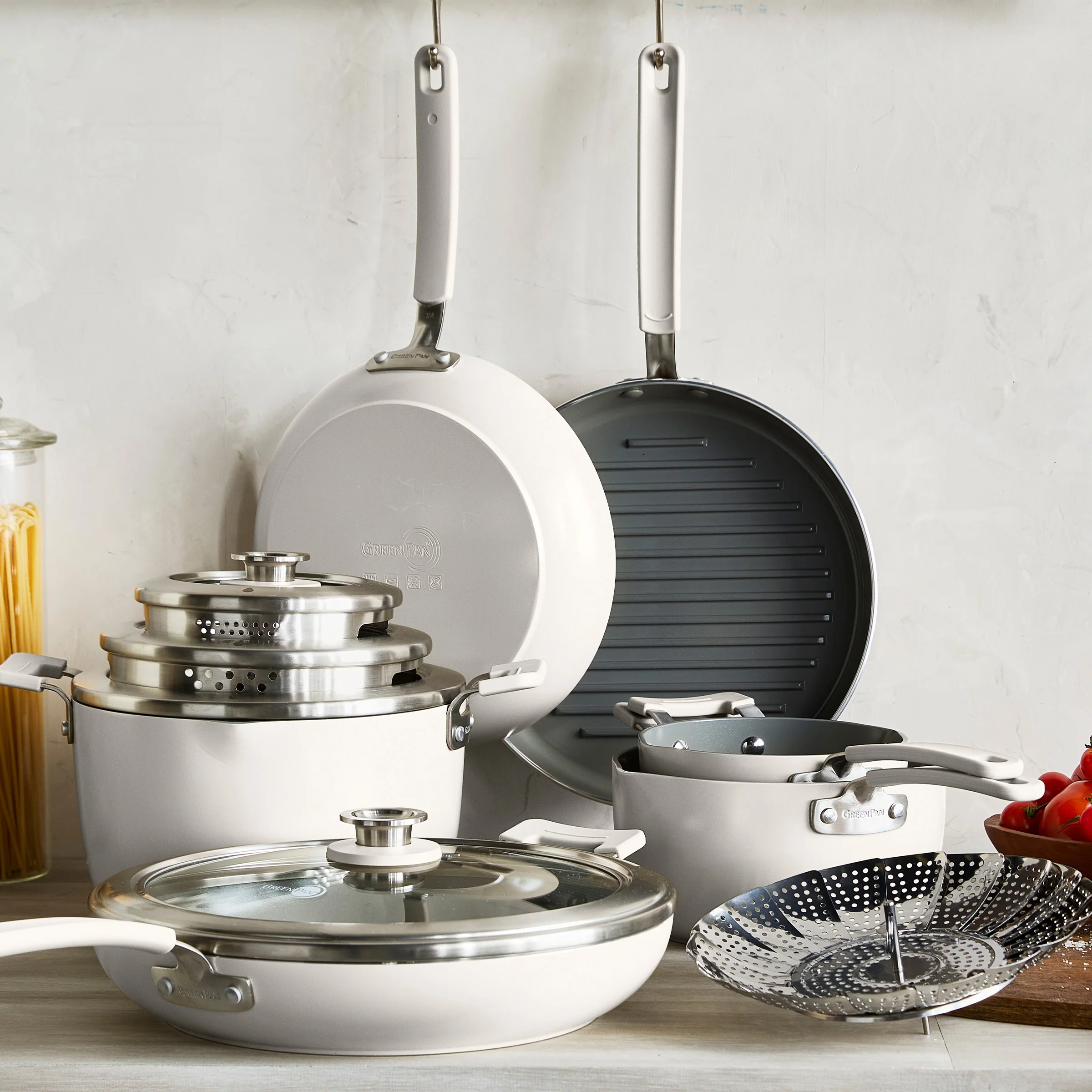 Space Saving Stack Ceramic Nonstick 11-Piece Cookware Set | Cream