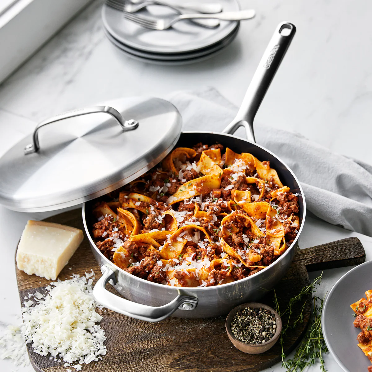 GP5 Stainless Steel 4-Quart Sauté Pan with Lid and Helper Handle | Mirror Handles