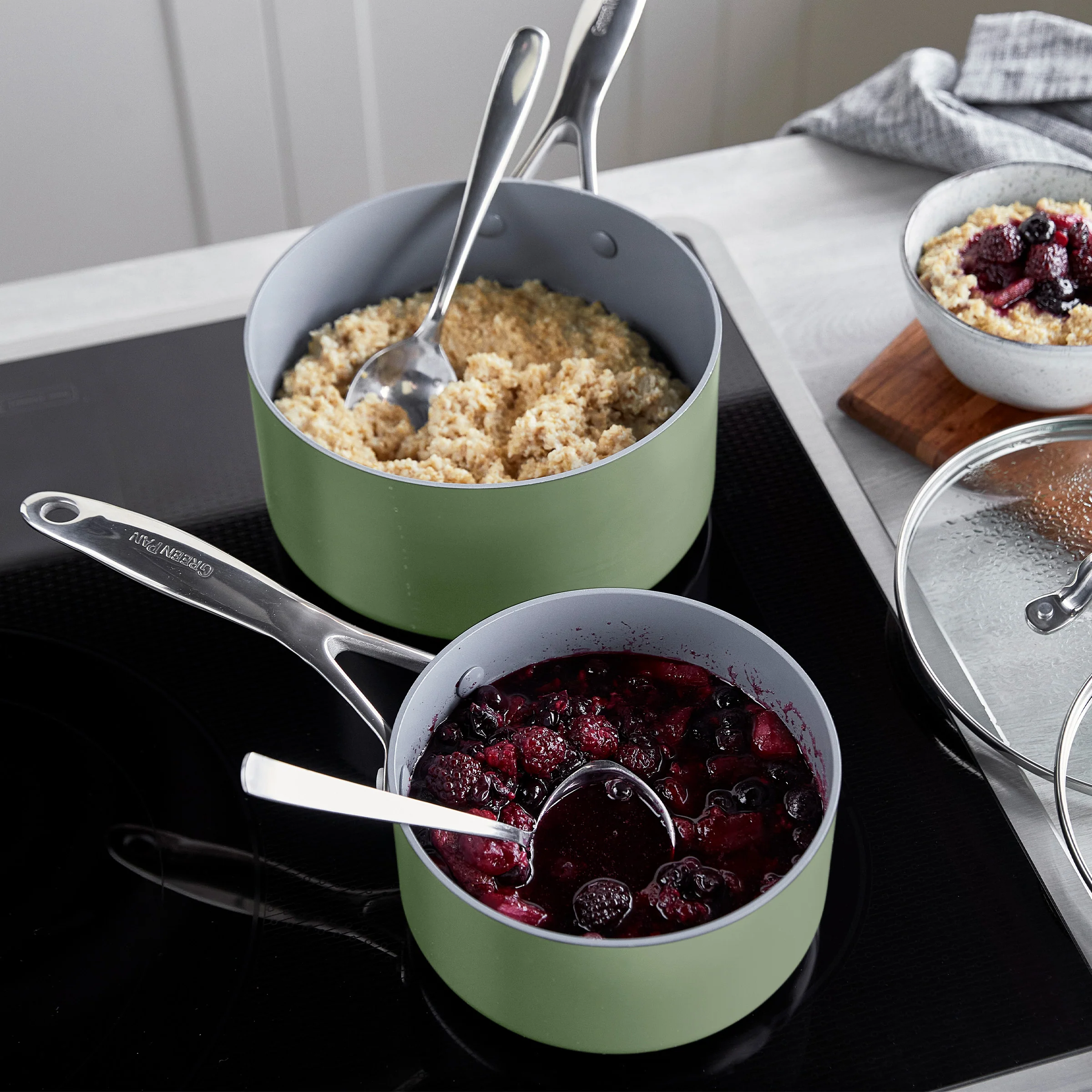 Valencia Pro Ceramic Nonstick 1.5-Quart and 3-Quart Saucepan Set with Lids | Sage