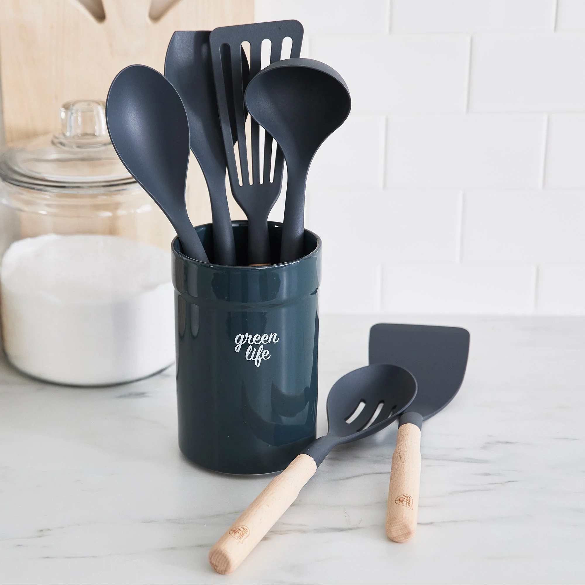 GreenLife Nylon & Wood Cooking Utensils with Ceramic Crock, 7-Piece Set | Charcoal Gray